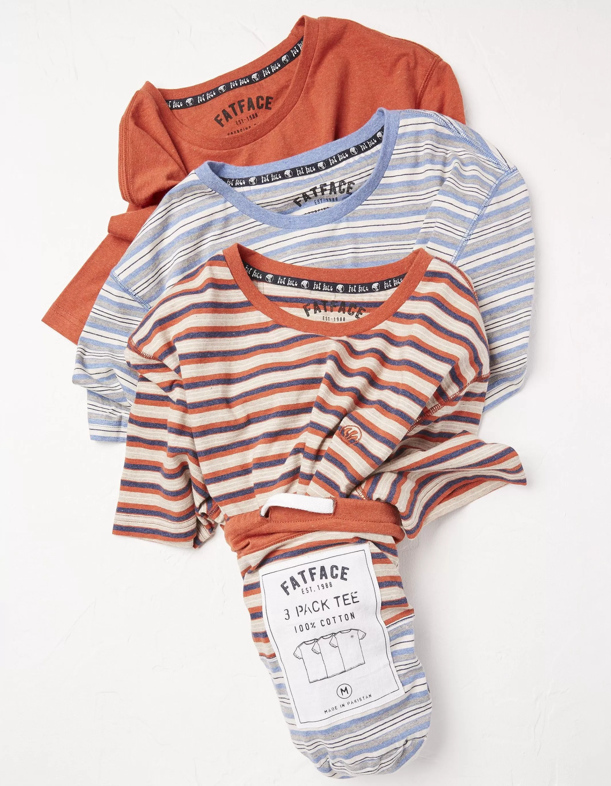 Store FatFace 3 Pack Stripe T-Shirt Rust Red