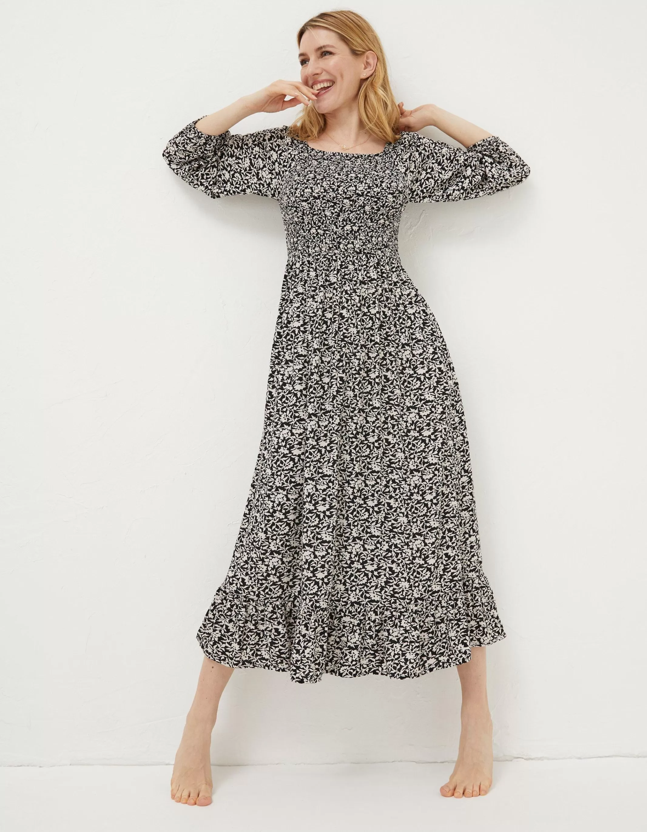 Shop FatFace Adele Mono Vines Midi Dress Black