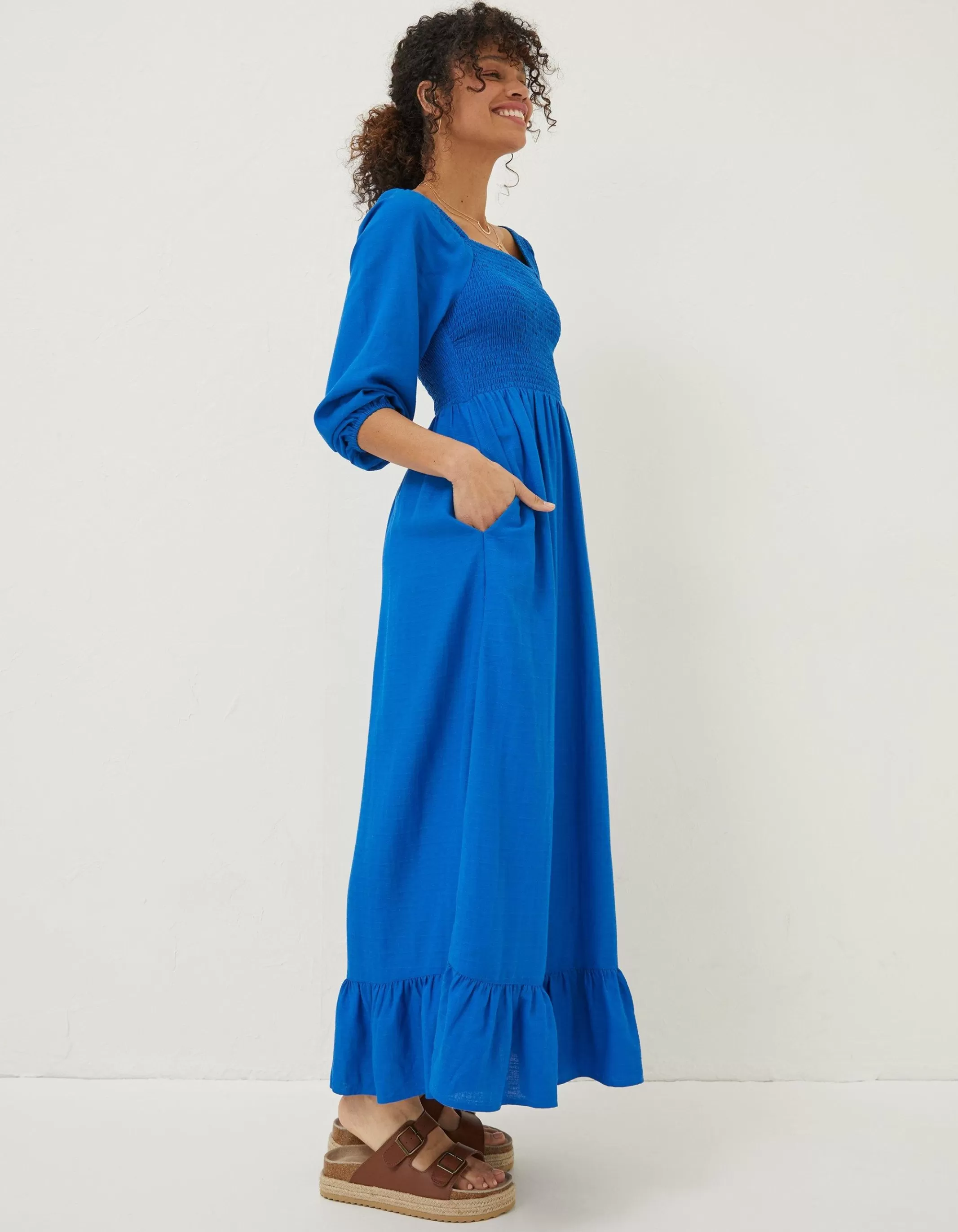New FatFace Adele Shirred Midi Dress Cobalt Blue