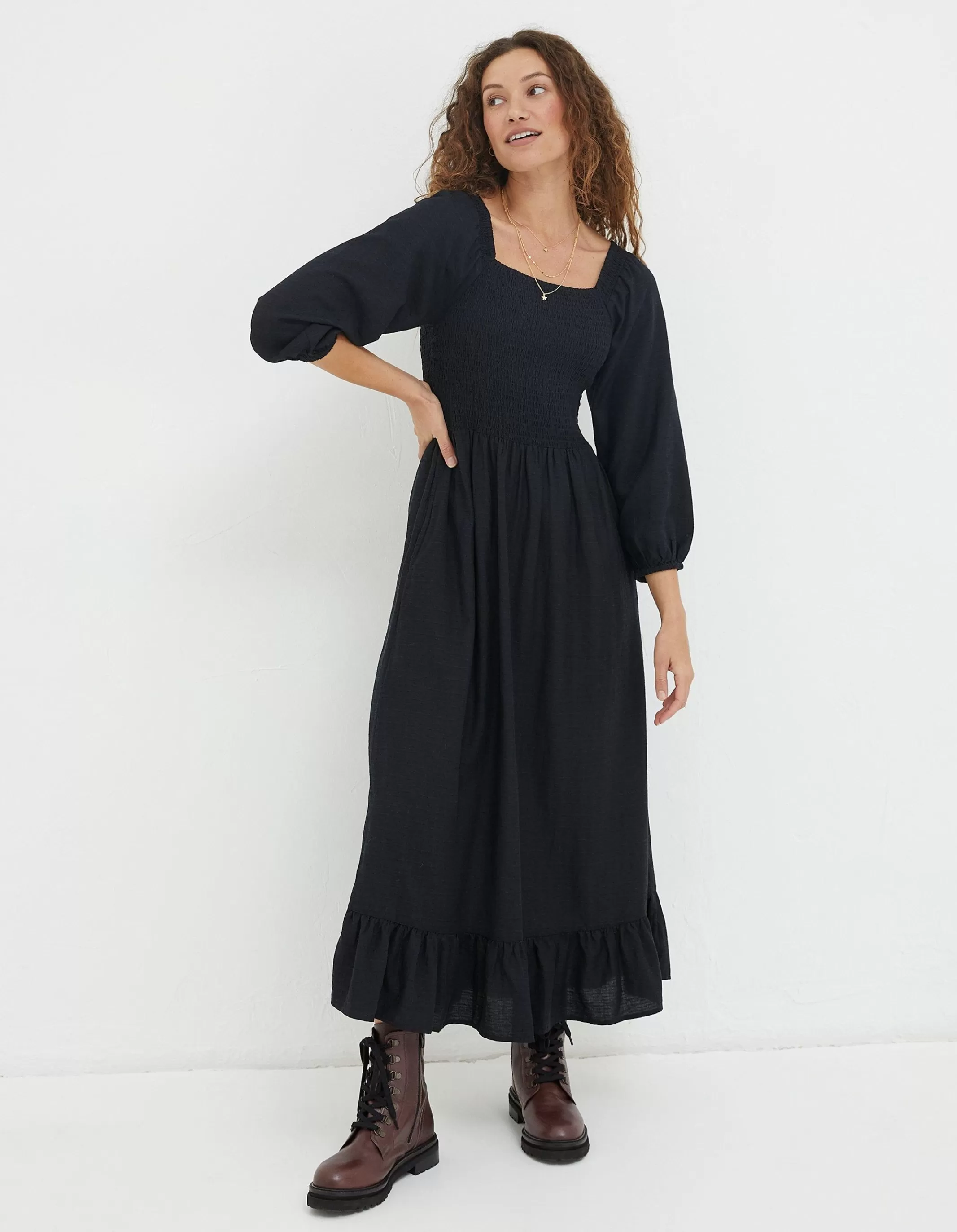 New FatFace Adele Shirred Midi Dress Black