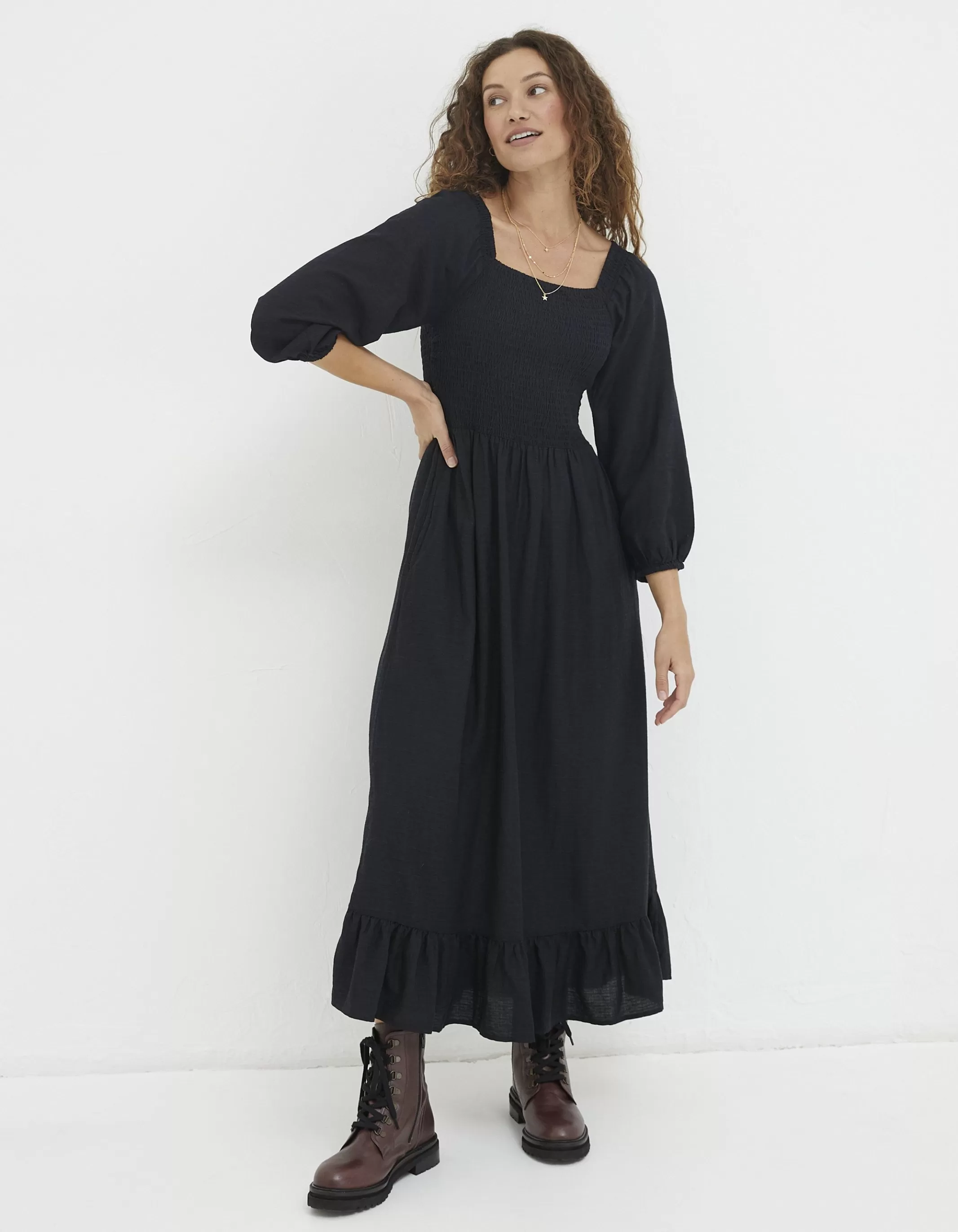 Sale FatFace Adele Shirred Midi Dress Black