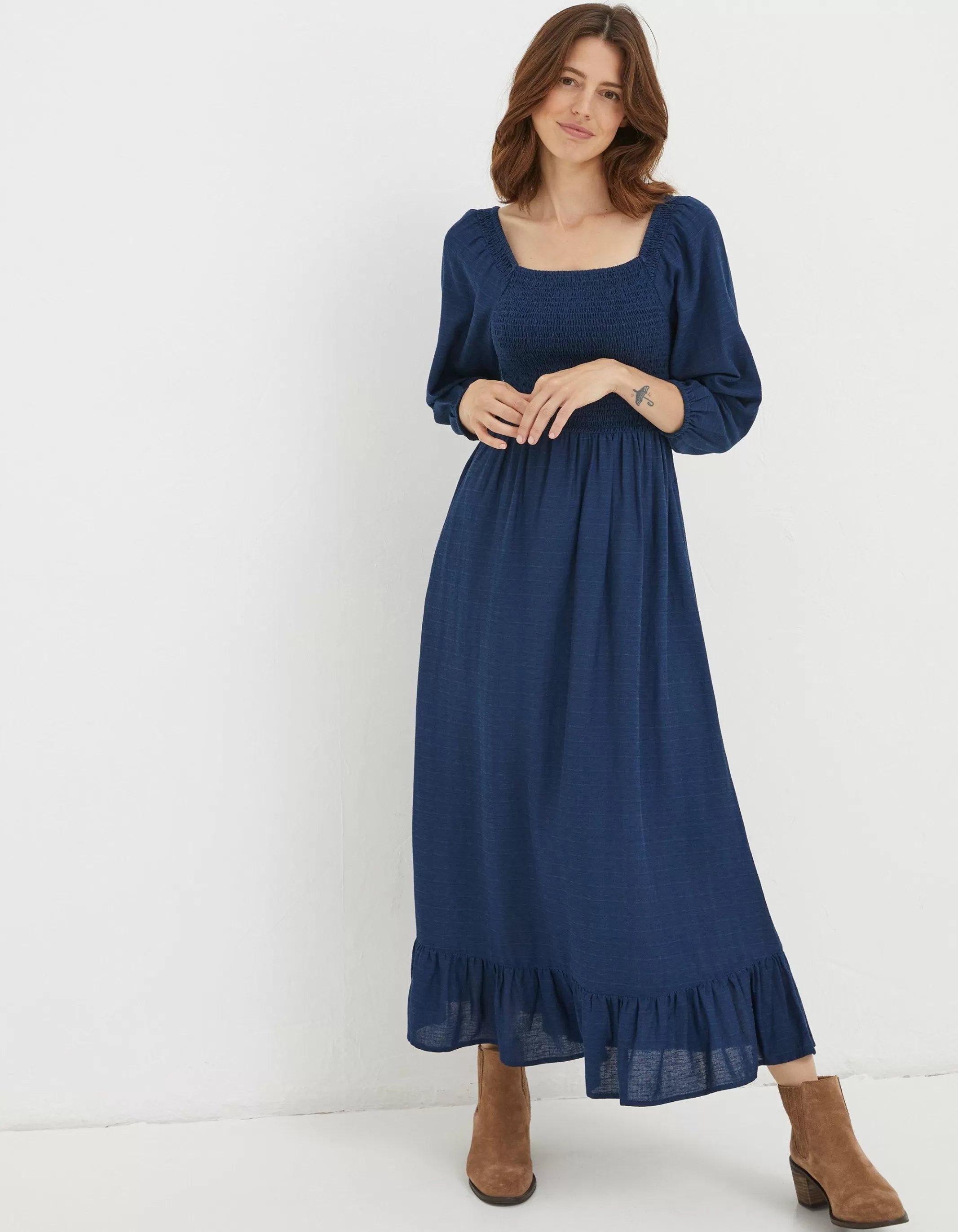 Hot FatFace Adele Shirred Midi Dress Bright Blue