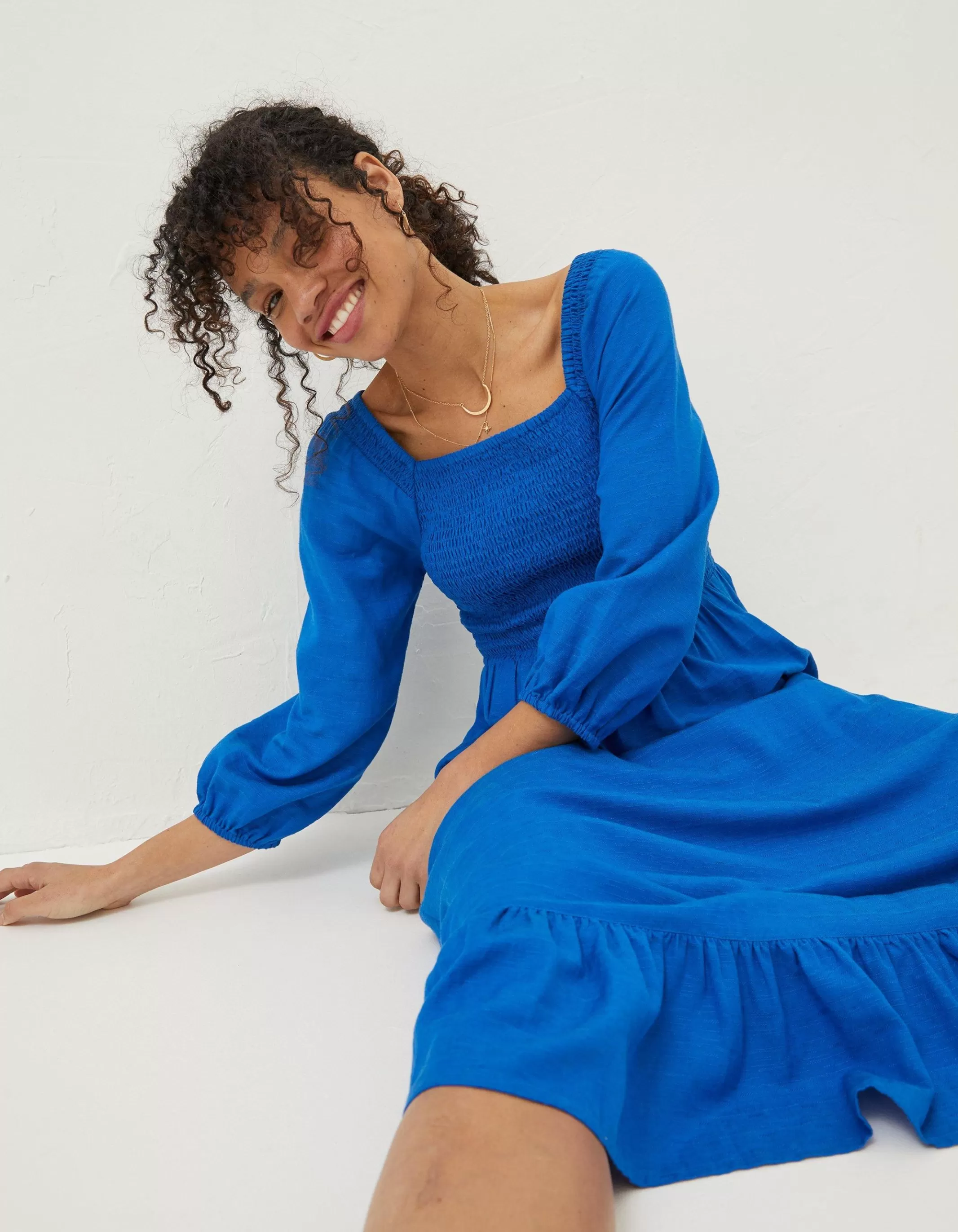 New FatFace Adele Shirred Midi Dress Cobalt Blue