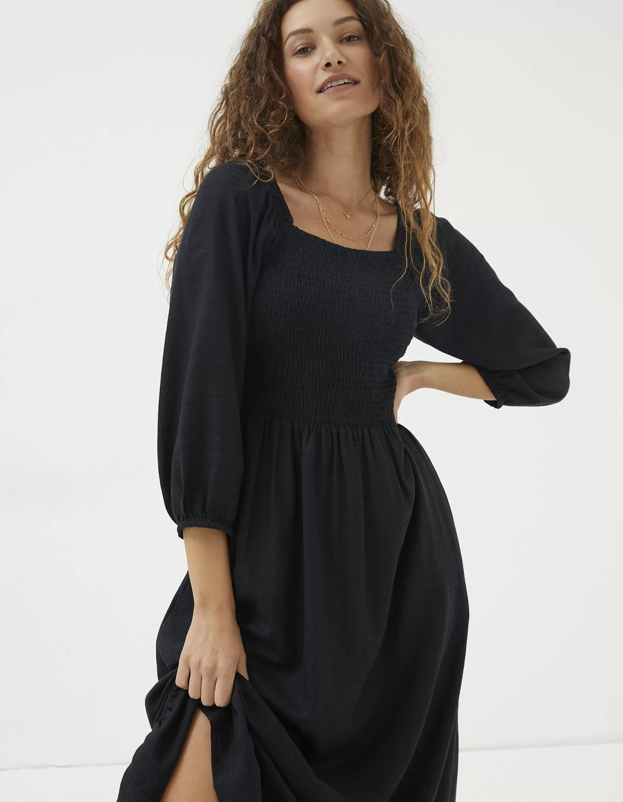 Sale FatFace Adele Shirred Midi Dress Black