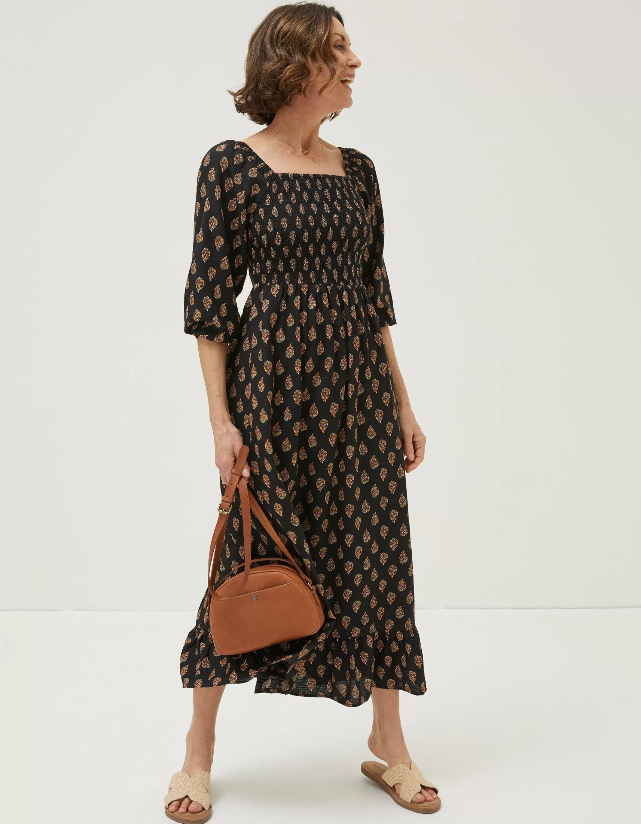 Outlet FatFace Adele Woodblock Midi Dress Black