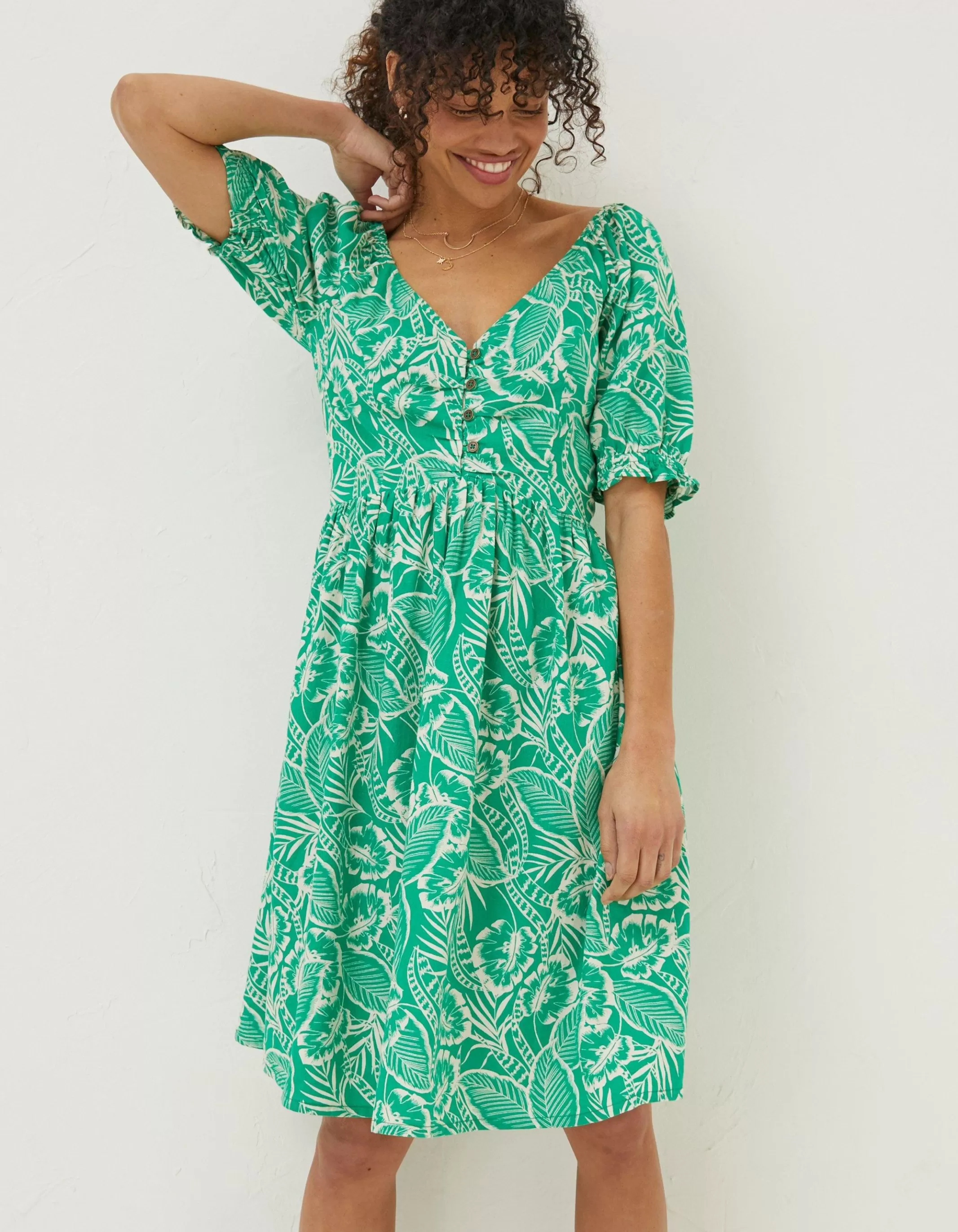 Clearance FatFace Aideen Linen Blend Leaf Dress Bright Green