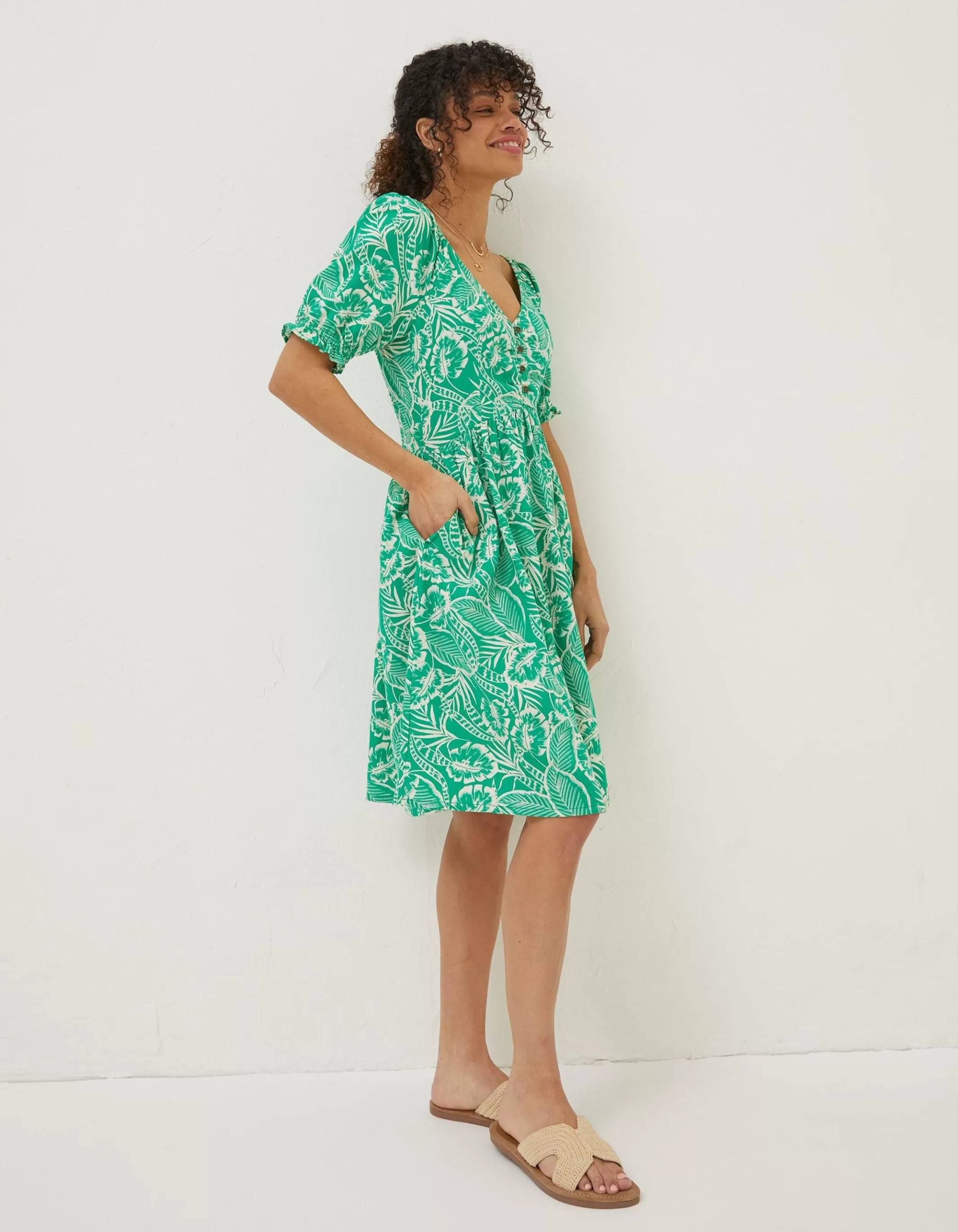Clearance FatFace Aideen Linen Blend Leaf Dress Bright Green
