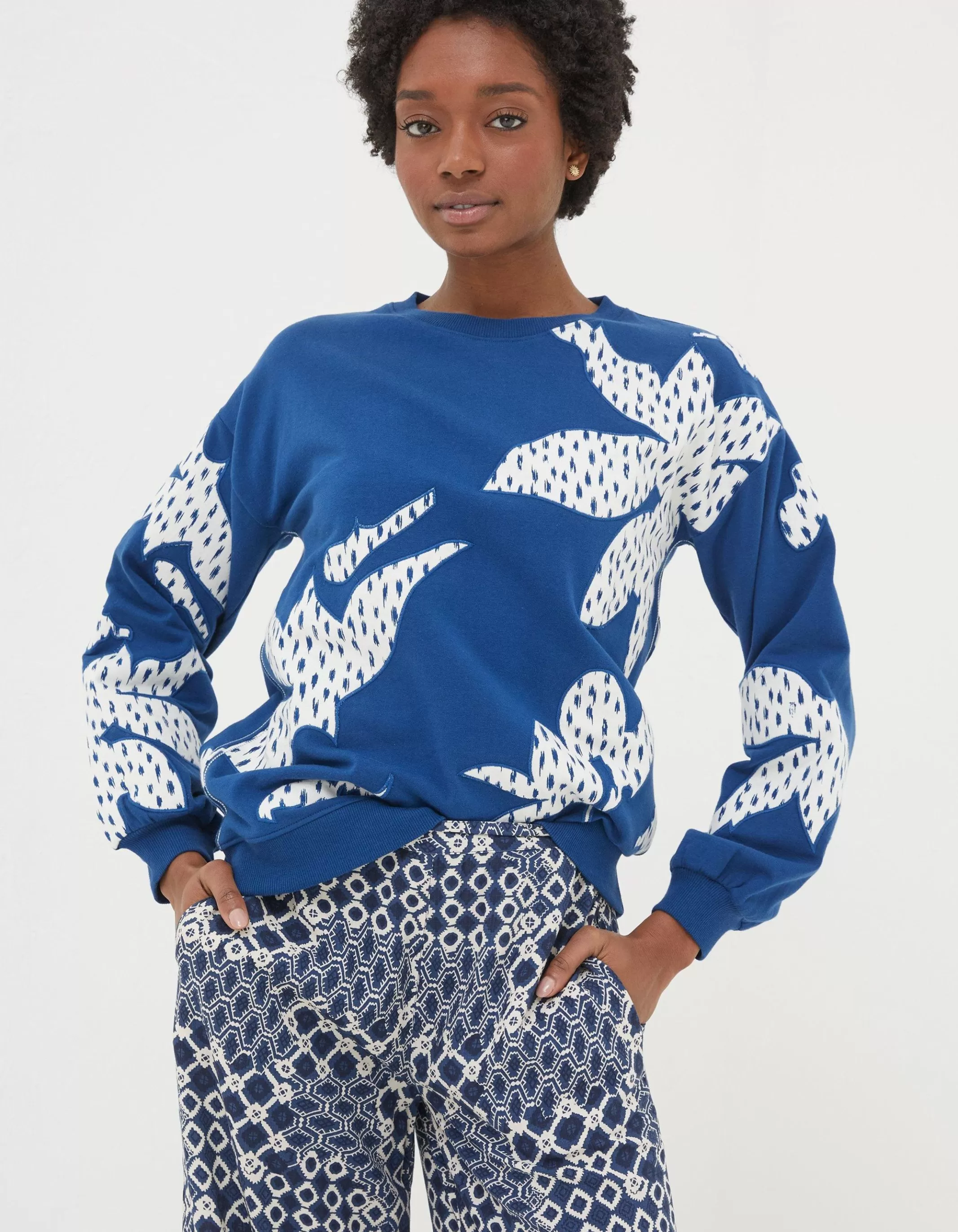 Best FatFace Alex Textured Leaves Crew Sweatshirt Dark Blue