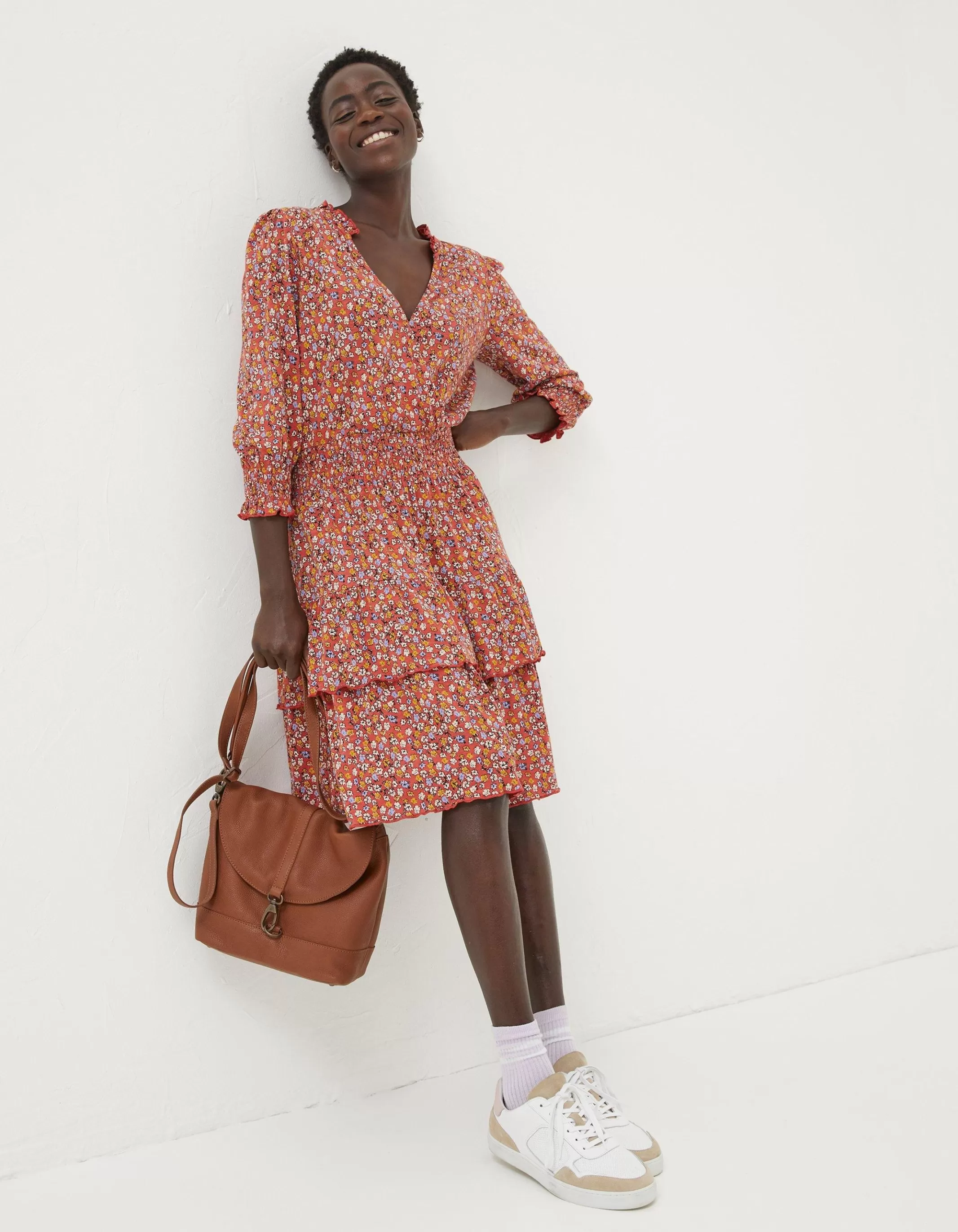 New FatFace Amba Gradient Floral Jersey Dress Vintage Red
