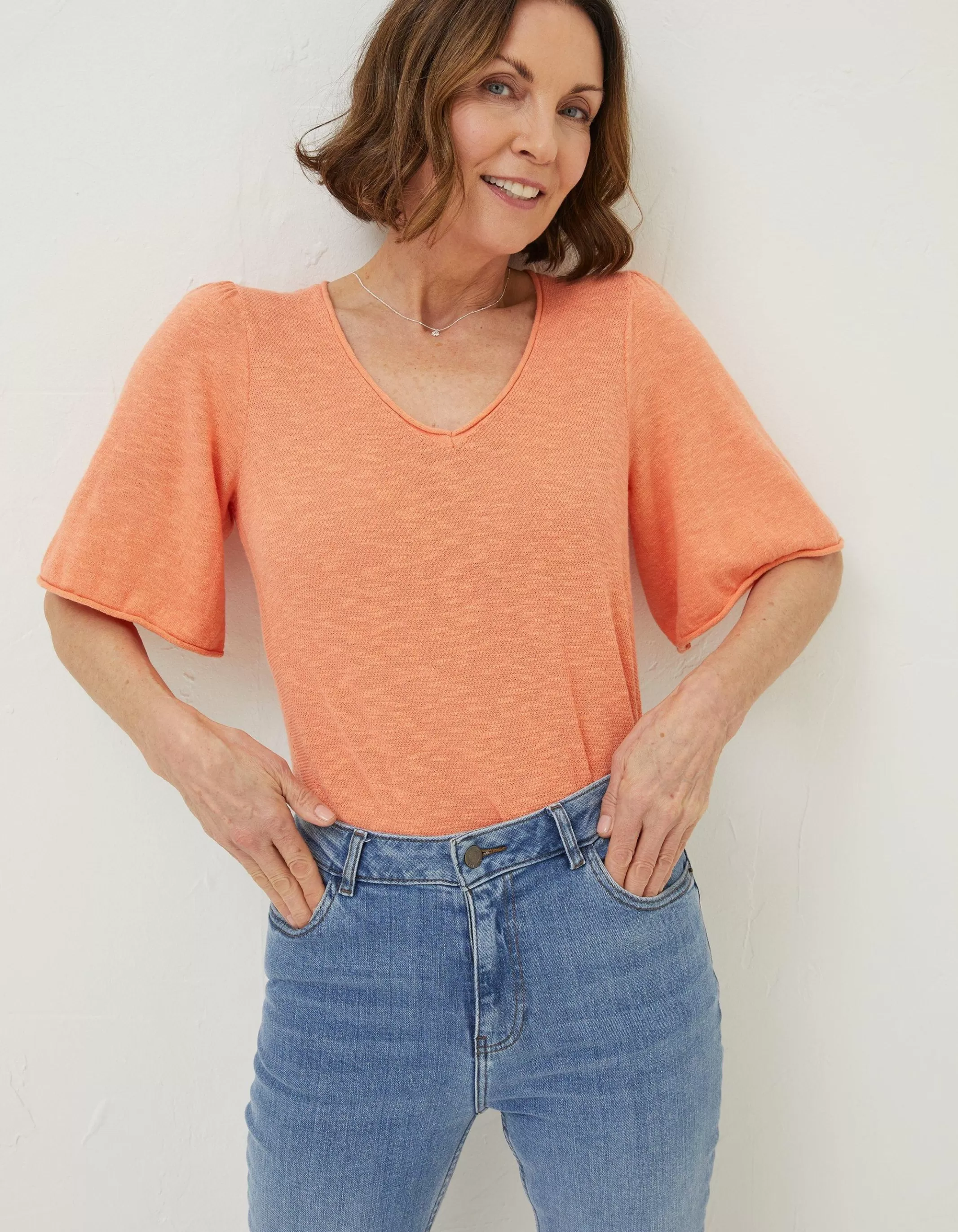 Store FatFace Angela V Neck Knitted Top Orange