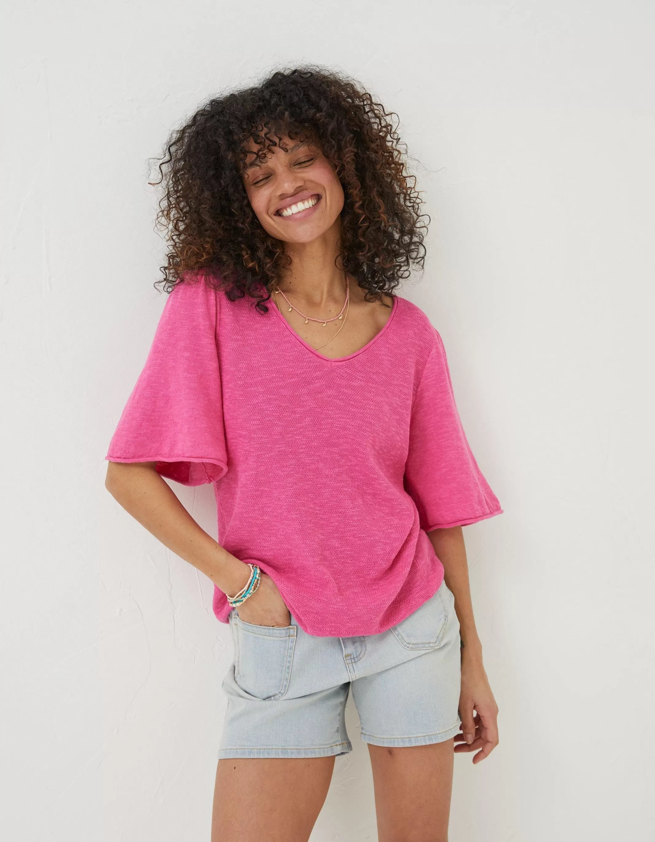 Online FatFace Angela V Neck Knitted Top Bright Pink