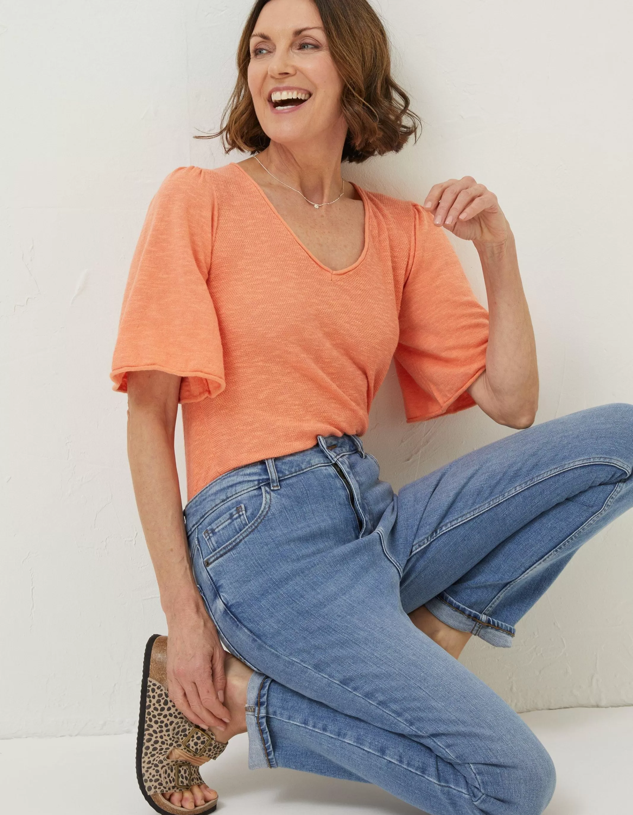 Store FatFace Angela V Neck Knitted Top Orange