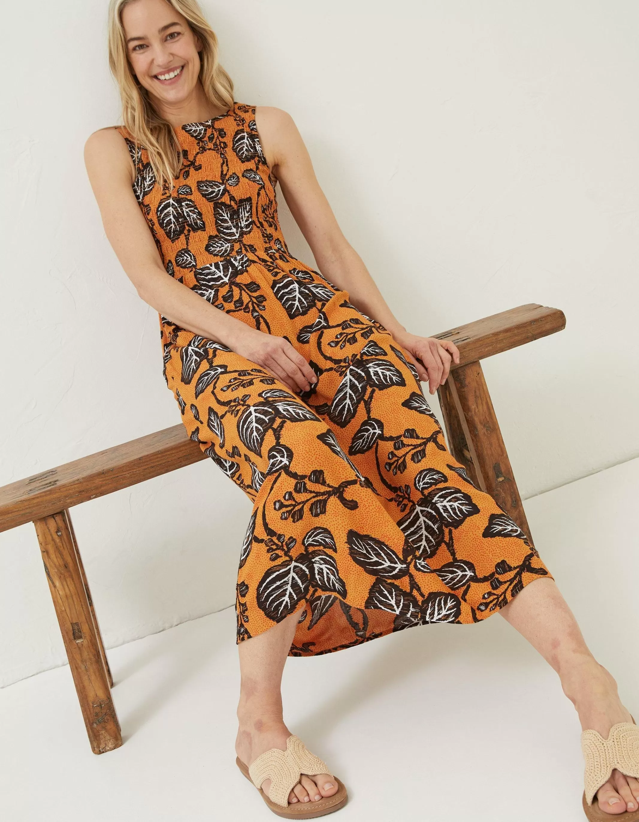 Sale FatFace Anna Vine Floral Midi Dress Golden Yellow