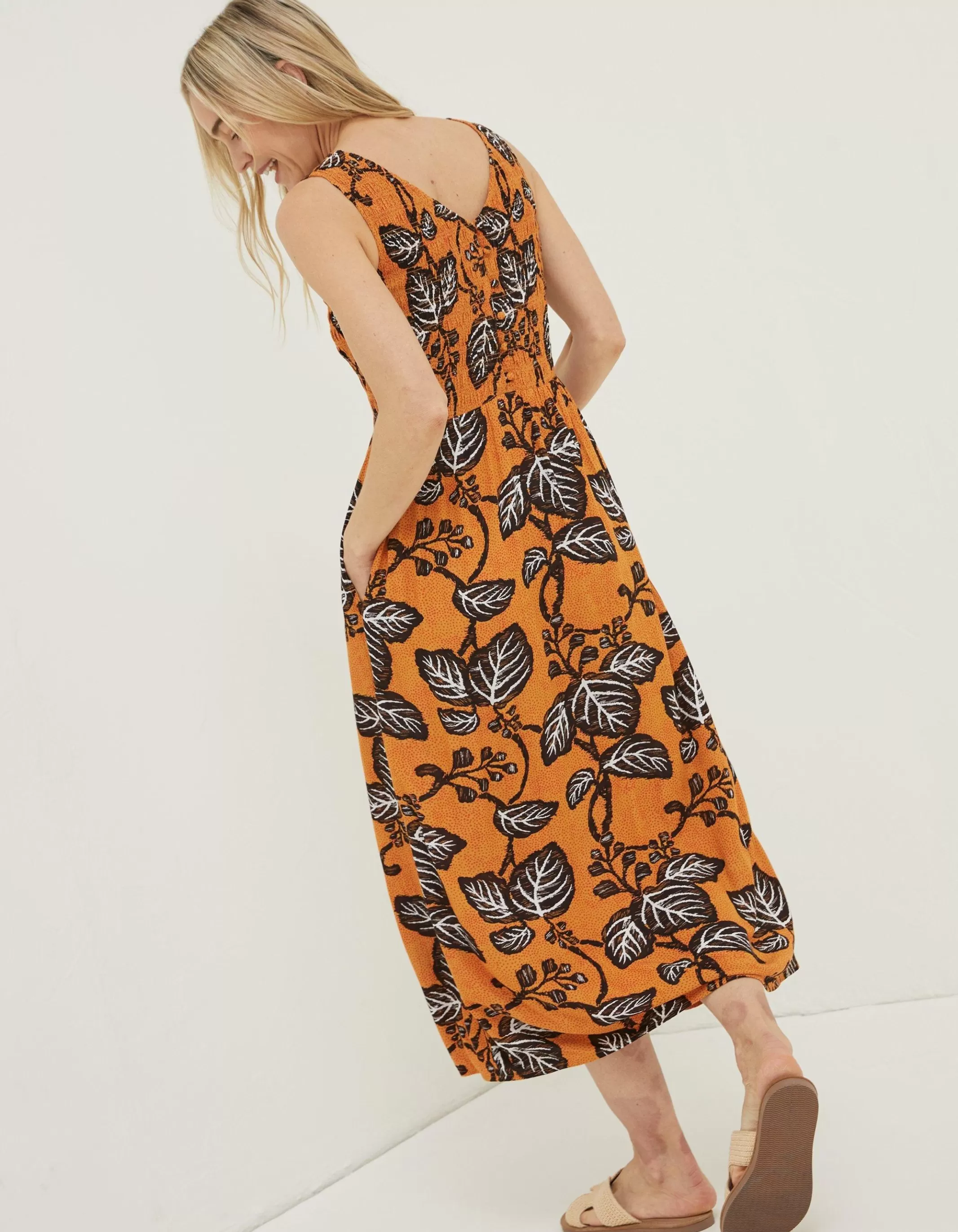 Sale FatFace Anna Vine Floral Midi Dress Golden Yellow
