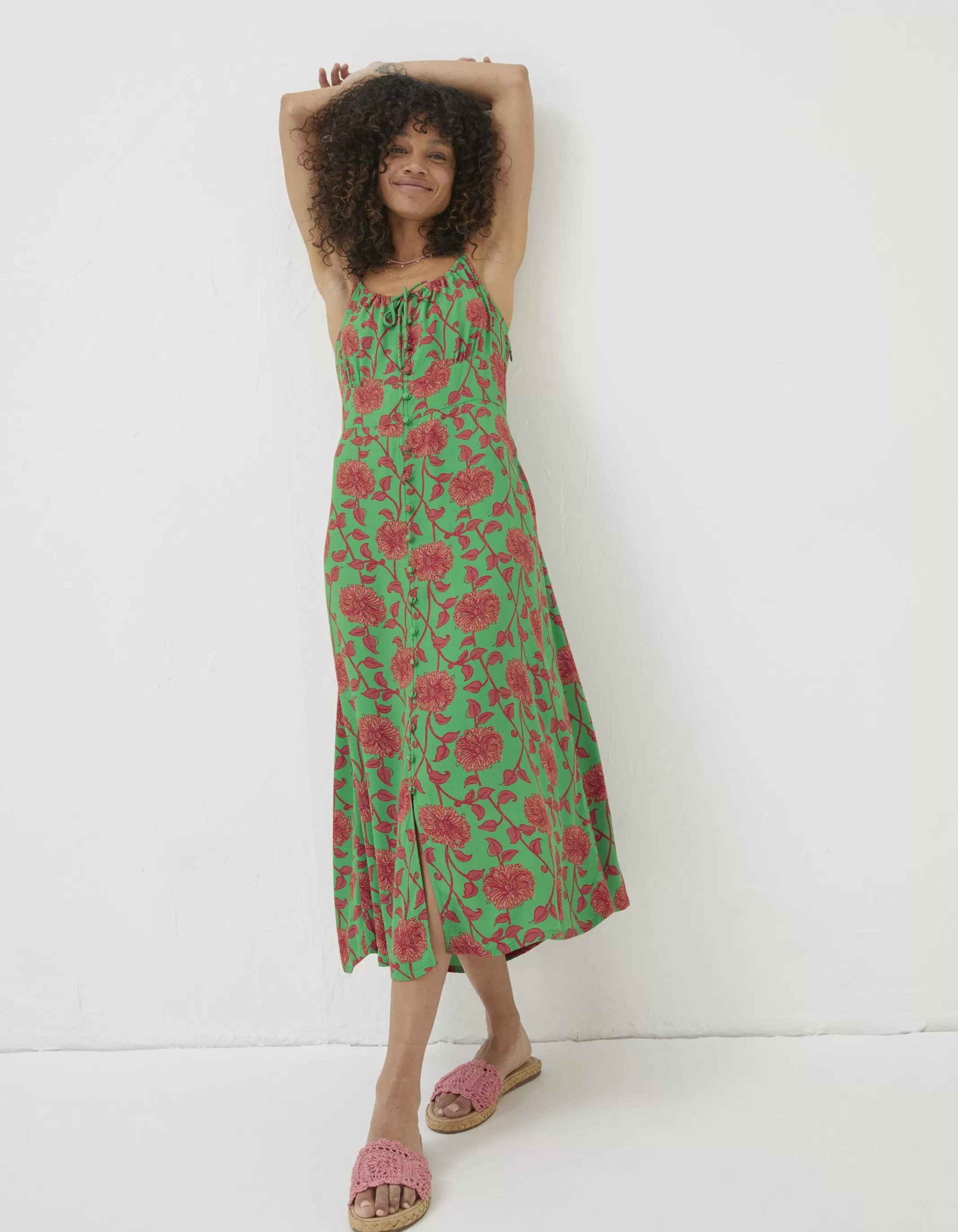New FatFace Ariel Bali Blooms Midi Dress Bright Green