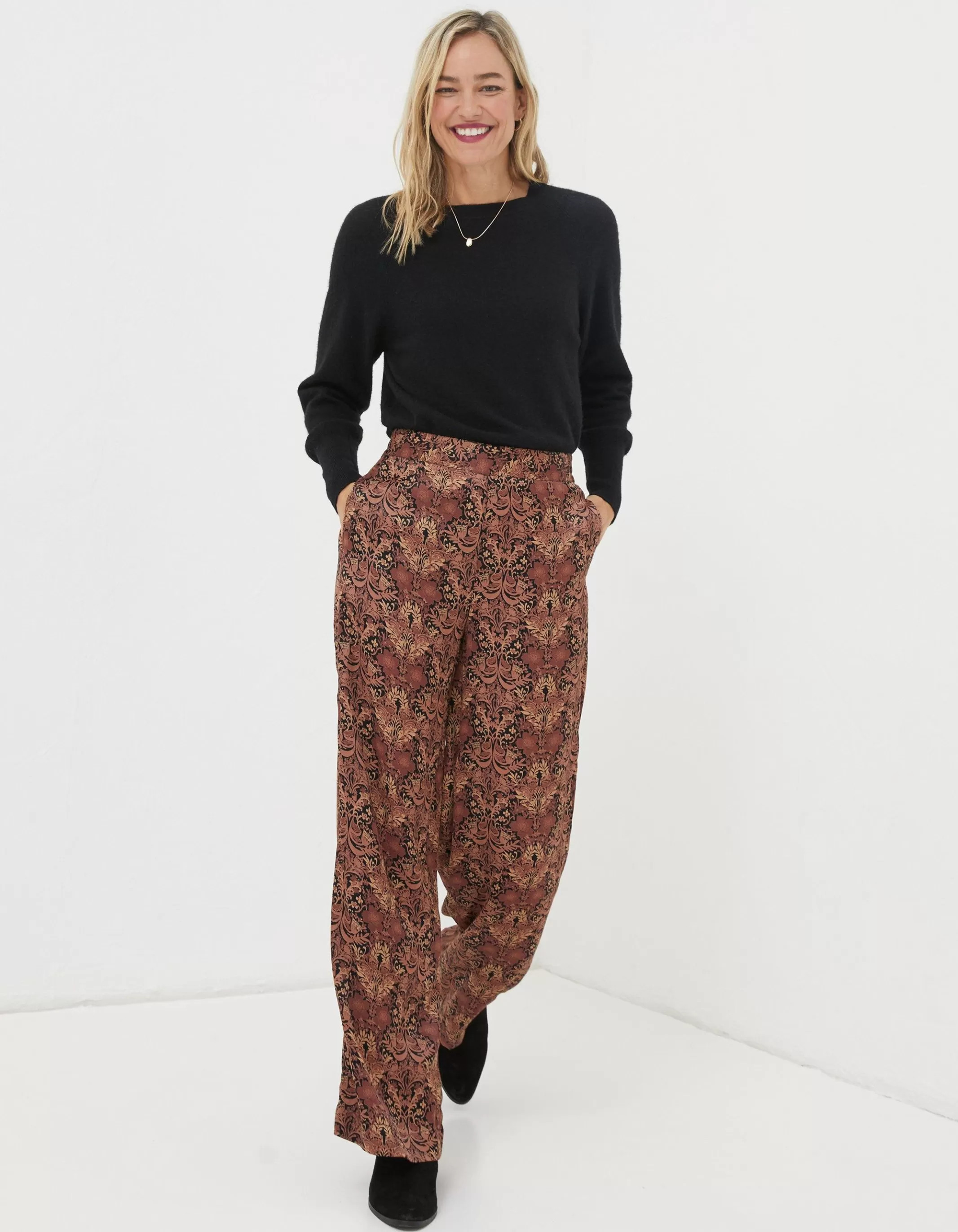 Sale FatFace Art Floral Satin Printed Trousers Black