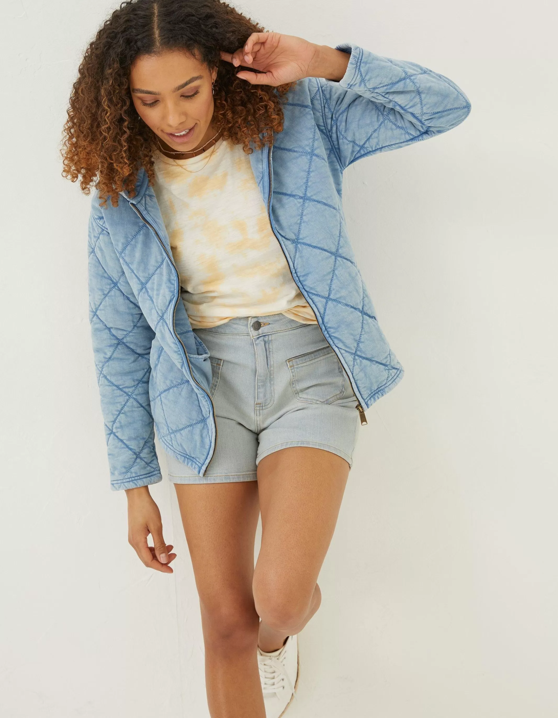 Shop FatFace Asher Quilted Zip Through Hoodie Light Blue