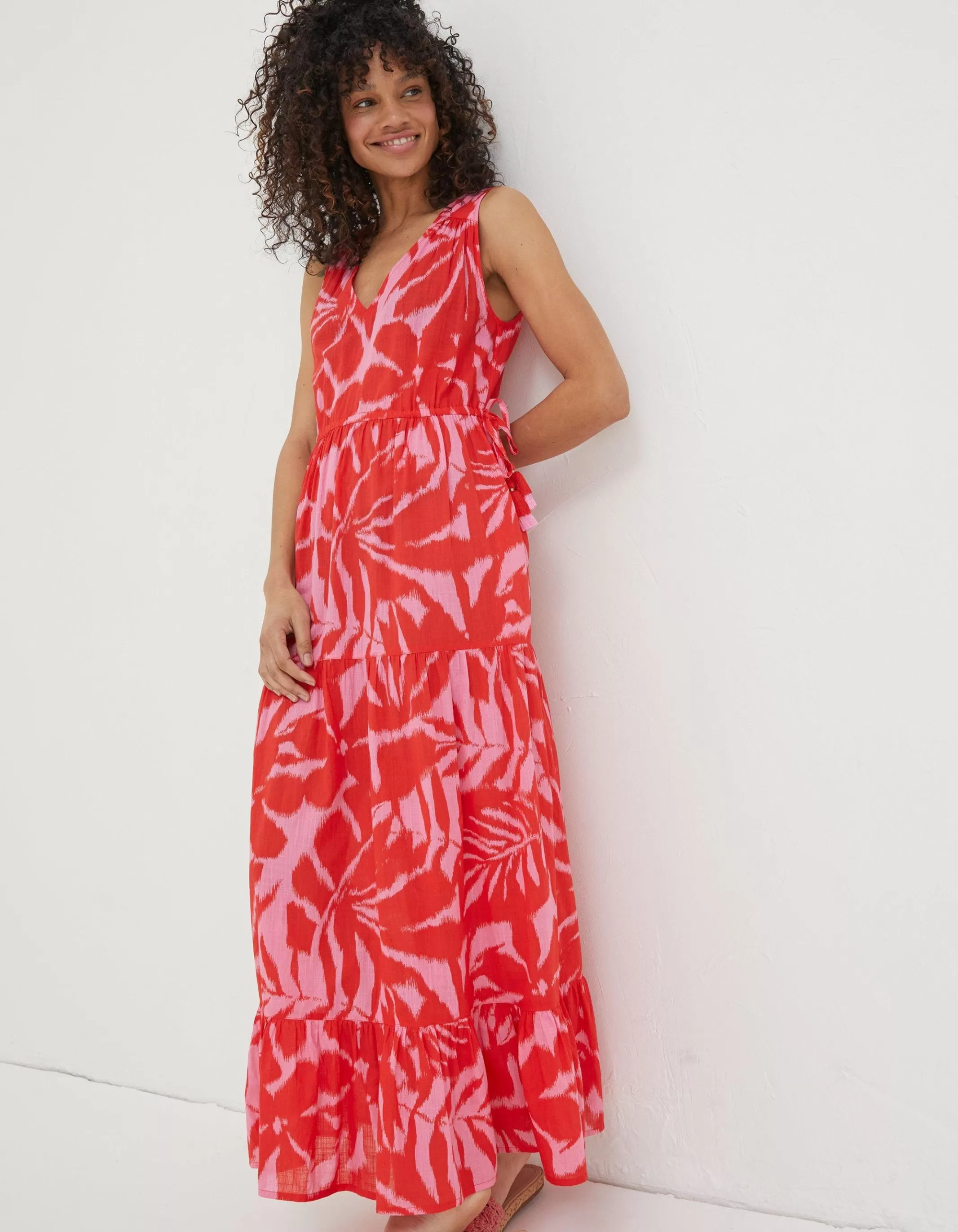 Hot FatFace Avery Ikat Leaves Midi Dress Bright Red