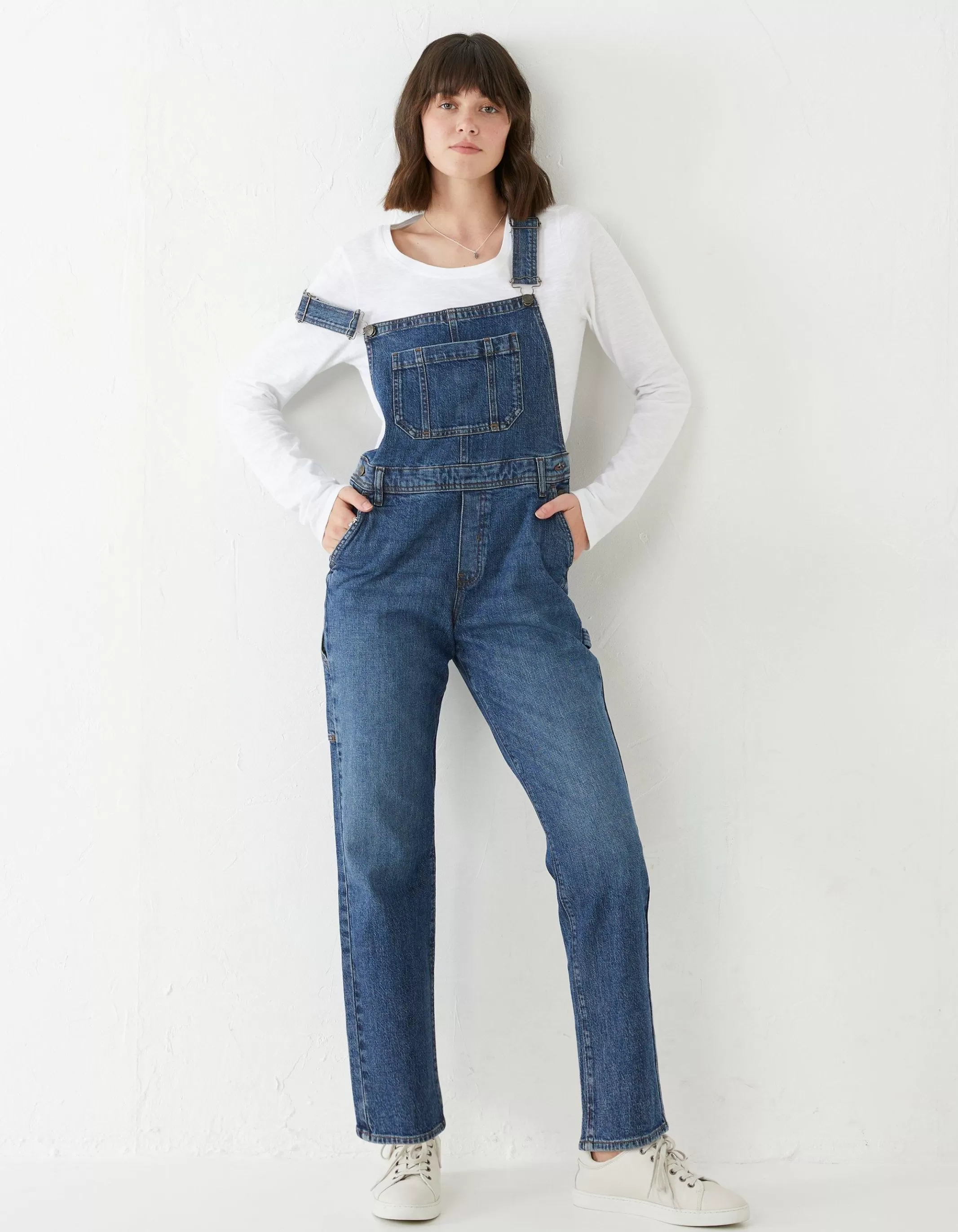 Cheap FatFace Banbury Straight Leg Denim Dungarees Mid Blue