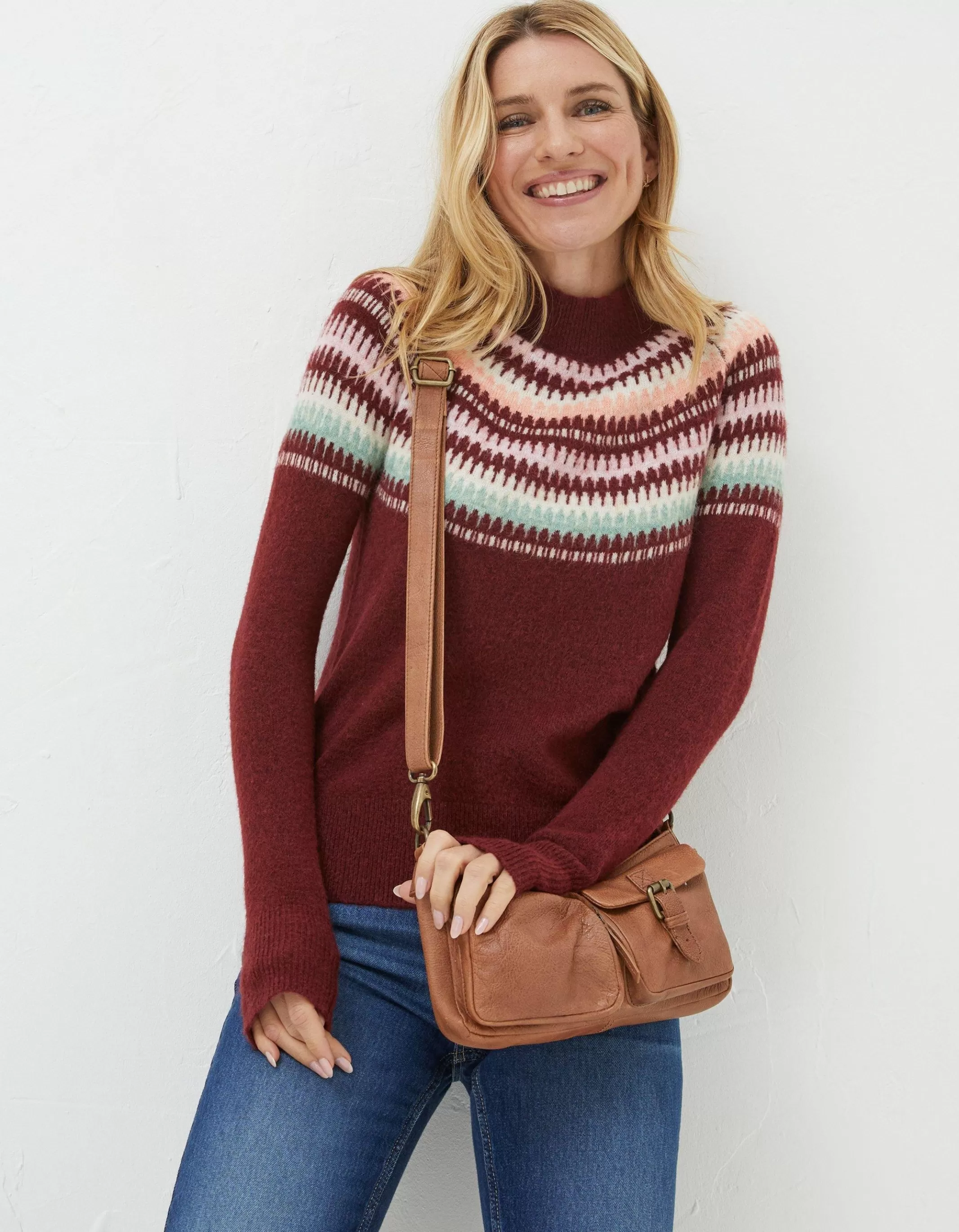 New FatFace Bea Yoke Fairisle Jumper Raspberry Red