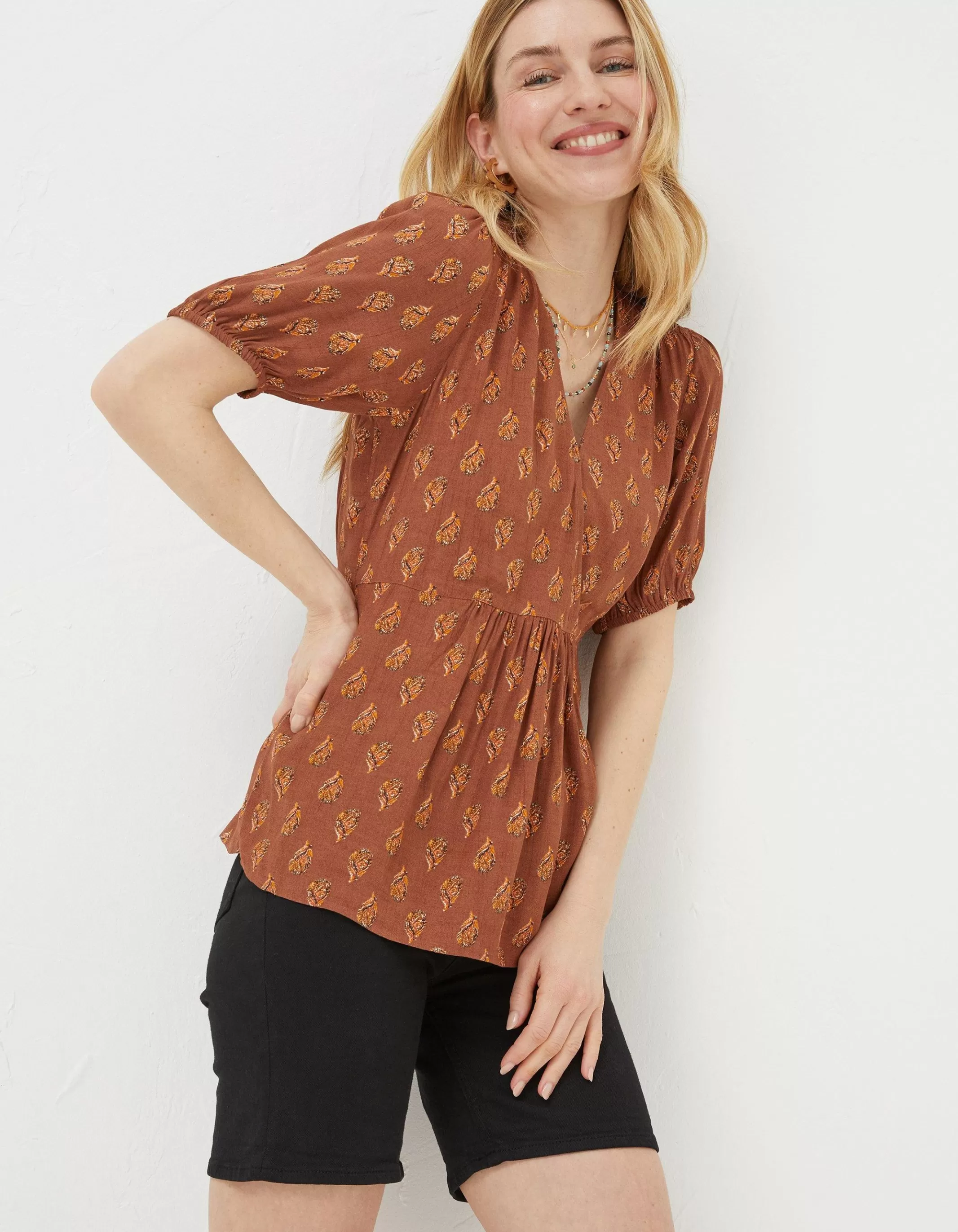 Sale FatFace Bella Woodblock Blouse Tan