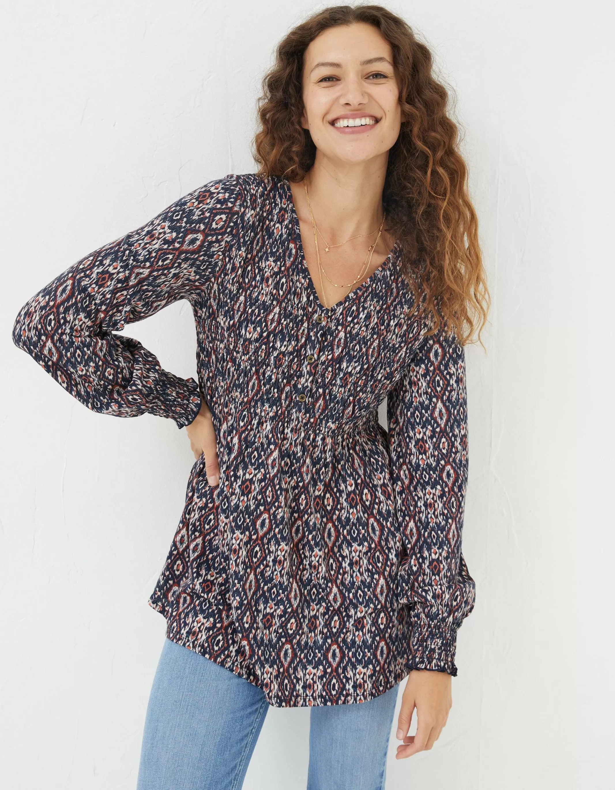Sale FatFace Beth Ikat Geo Tunic Chestnut Brown