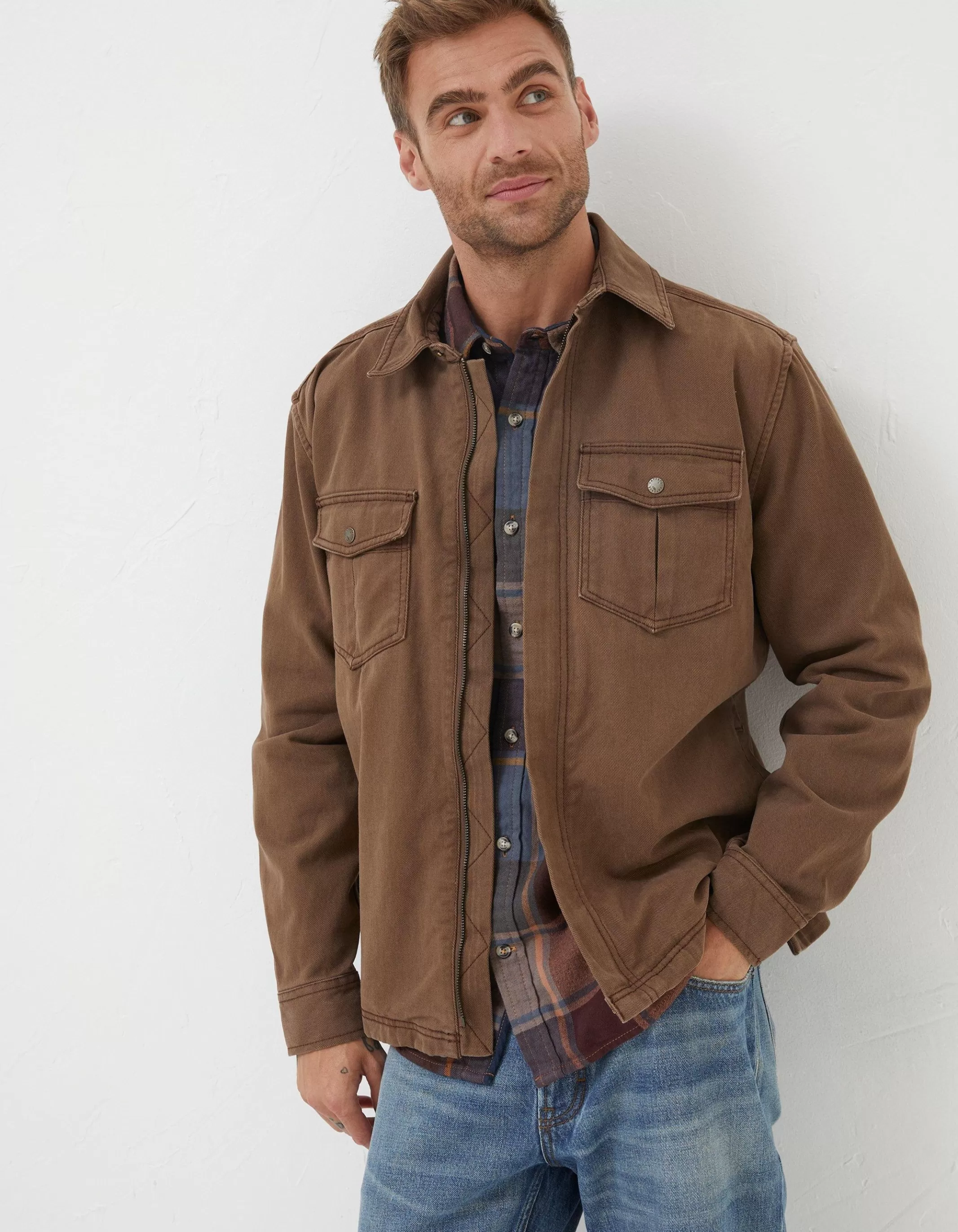 Discount FatFace Bowd Zip Front Overshirt Washed Brown