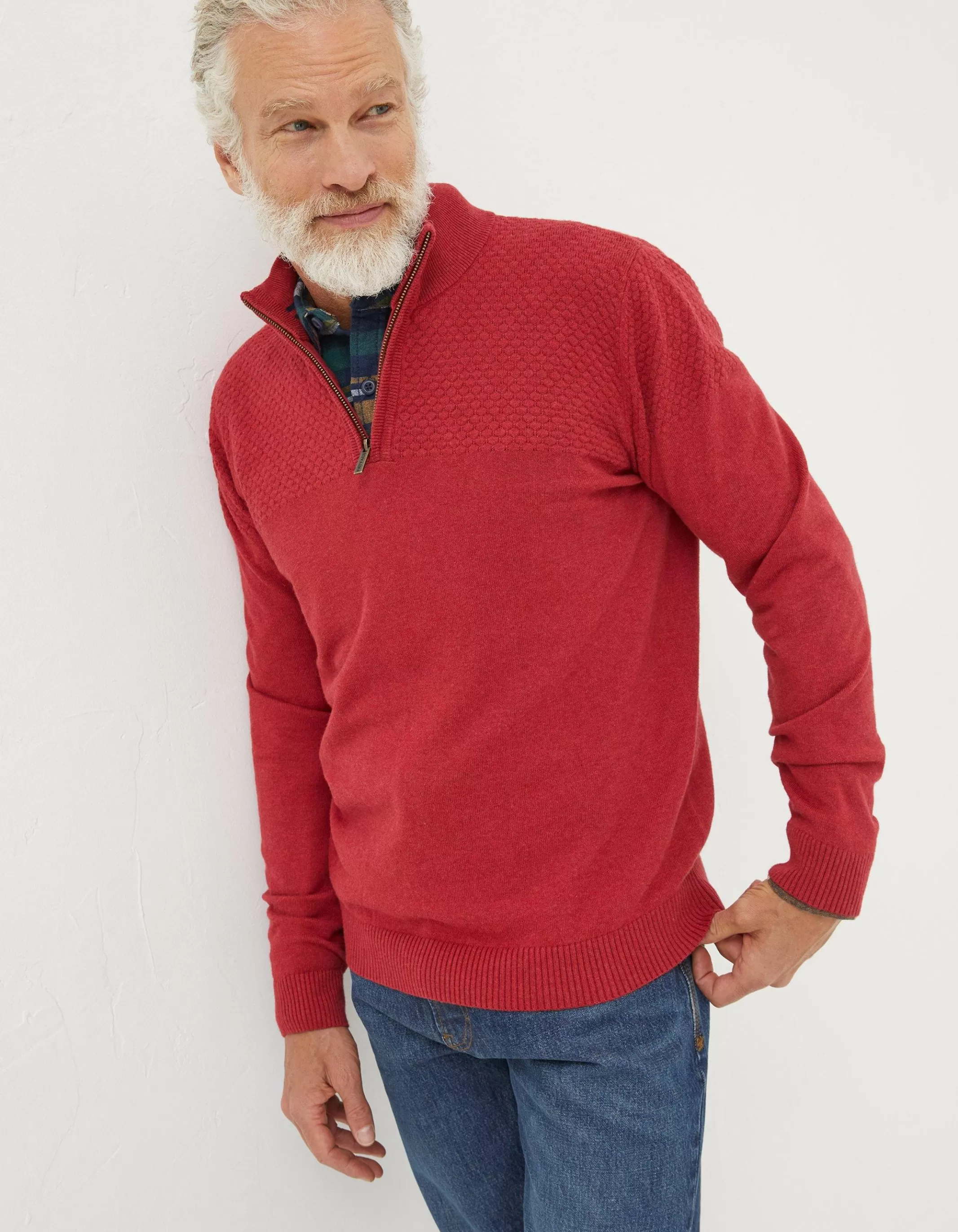 New FatFace Braunton Textured Half Neck Washed Red