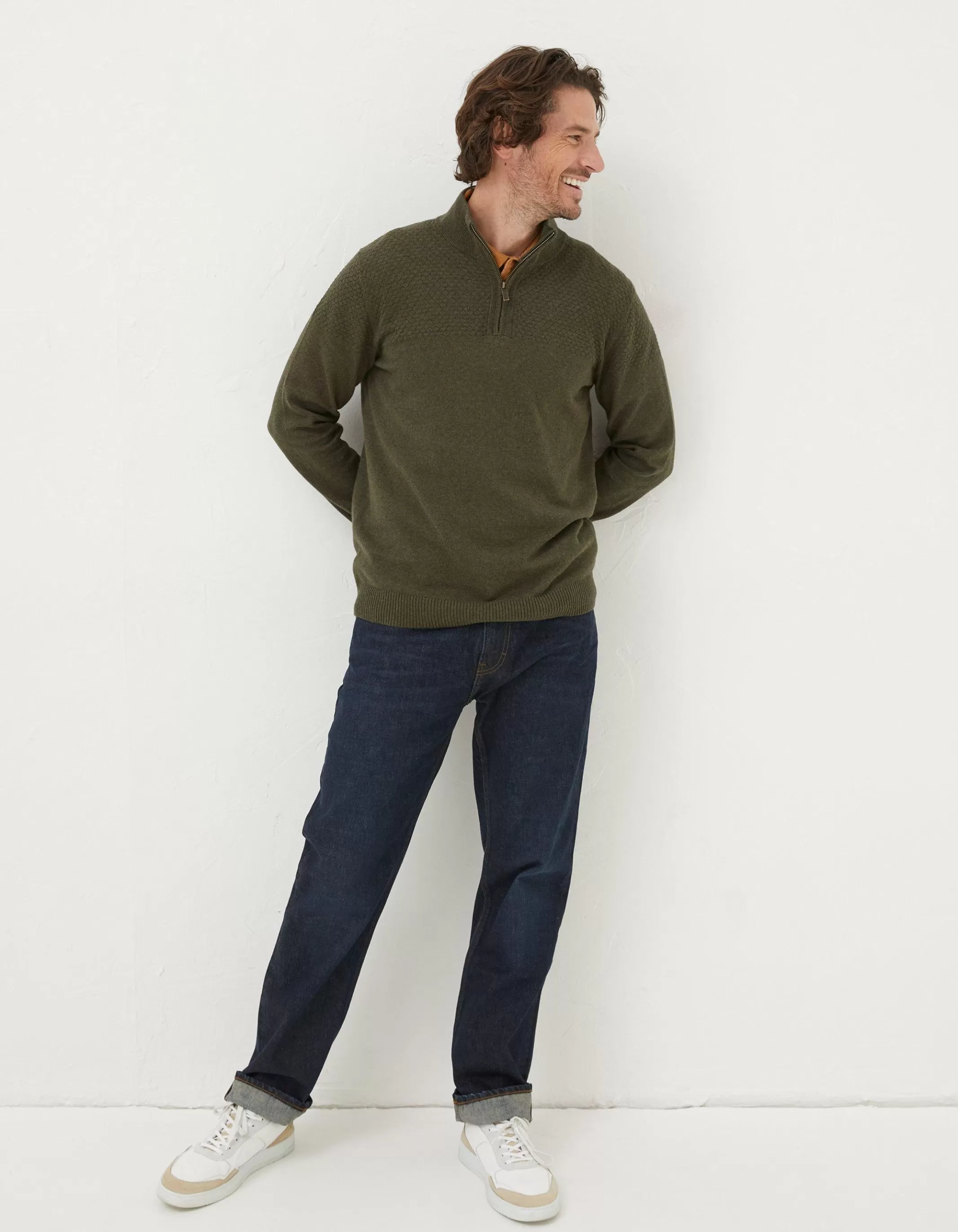 Hot FatFace Braunton Textured Half Neck Khaki Green