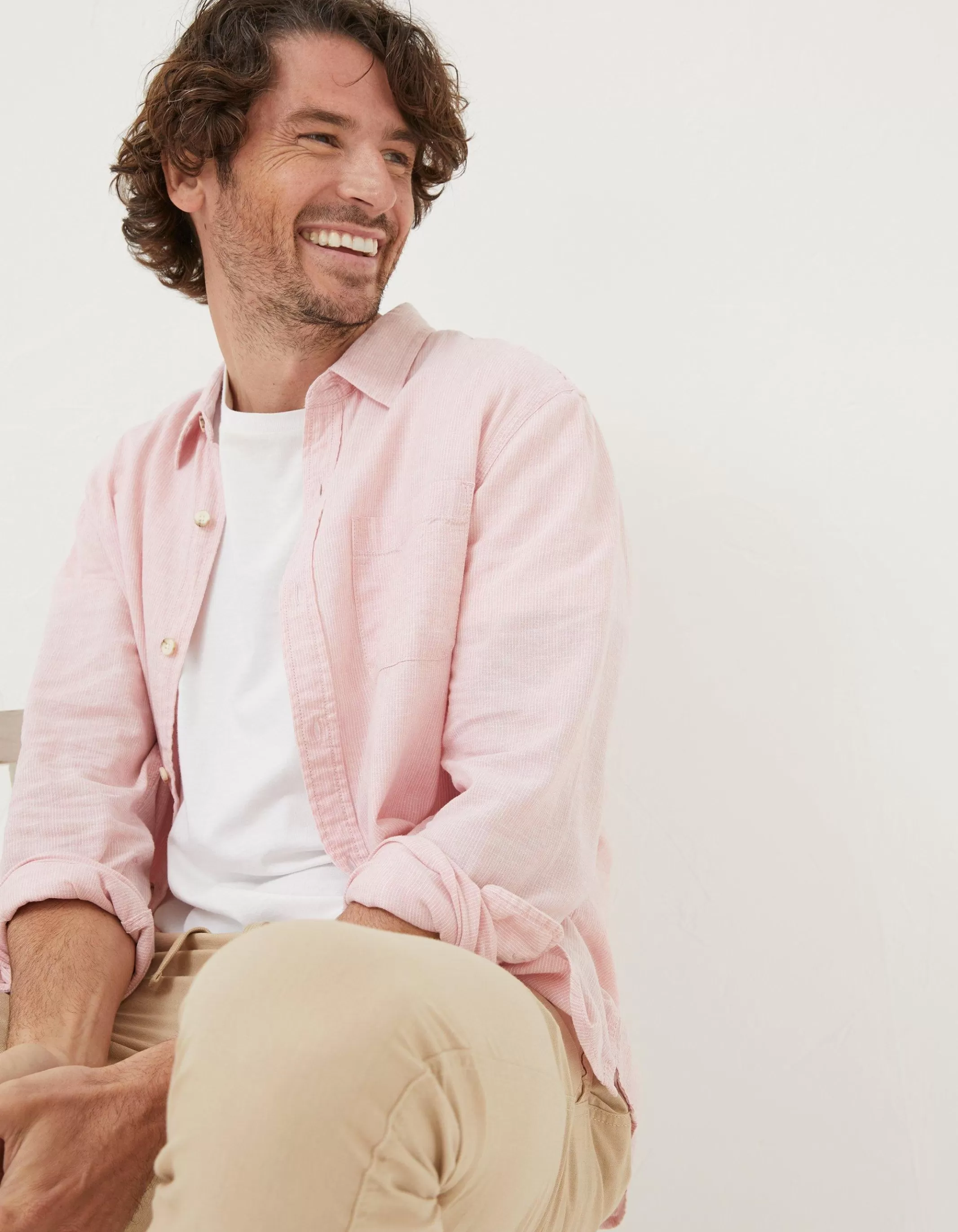New FatFace Bugle Micro Stripe Shirt Blush Pink