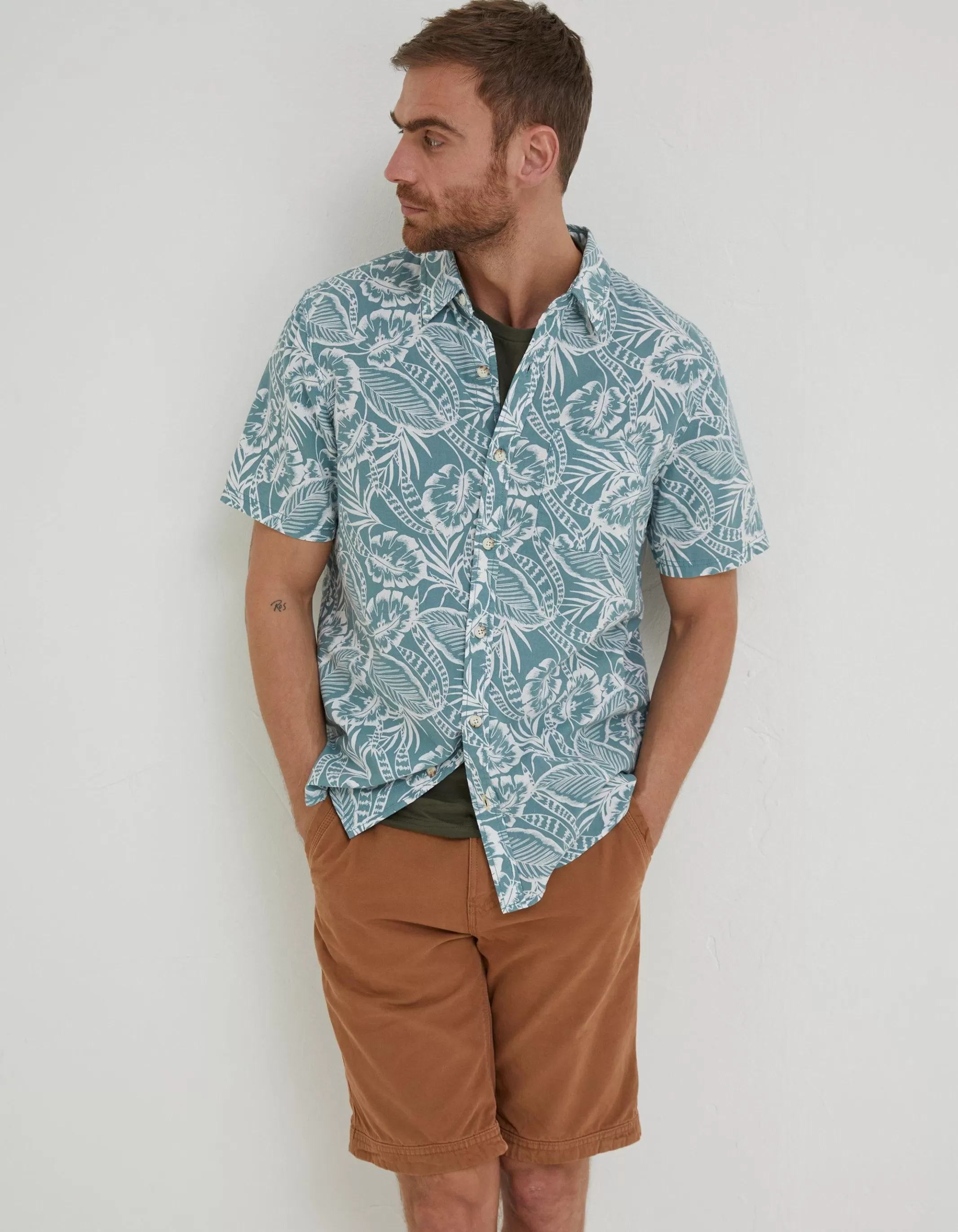Clearance FatFace Bugle Palm Print Shirt Teal Green