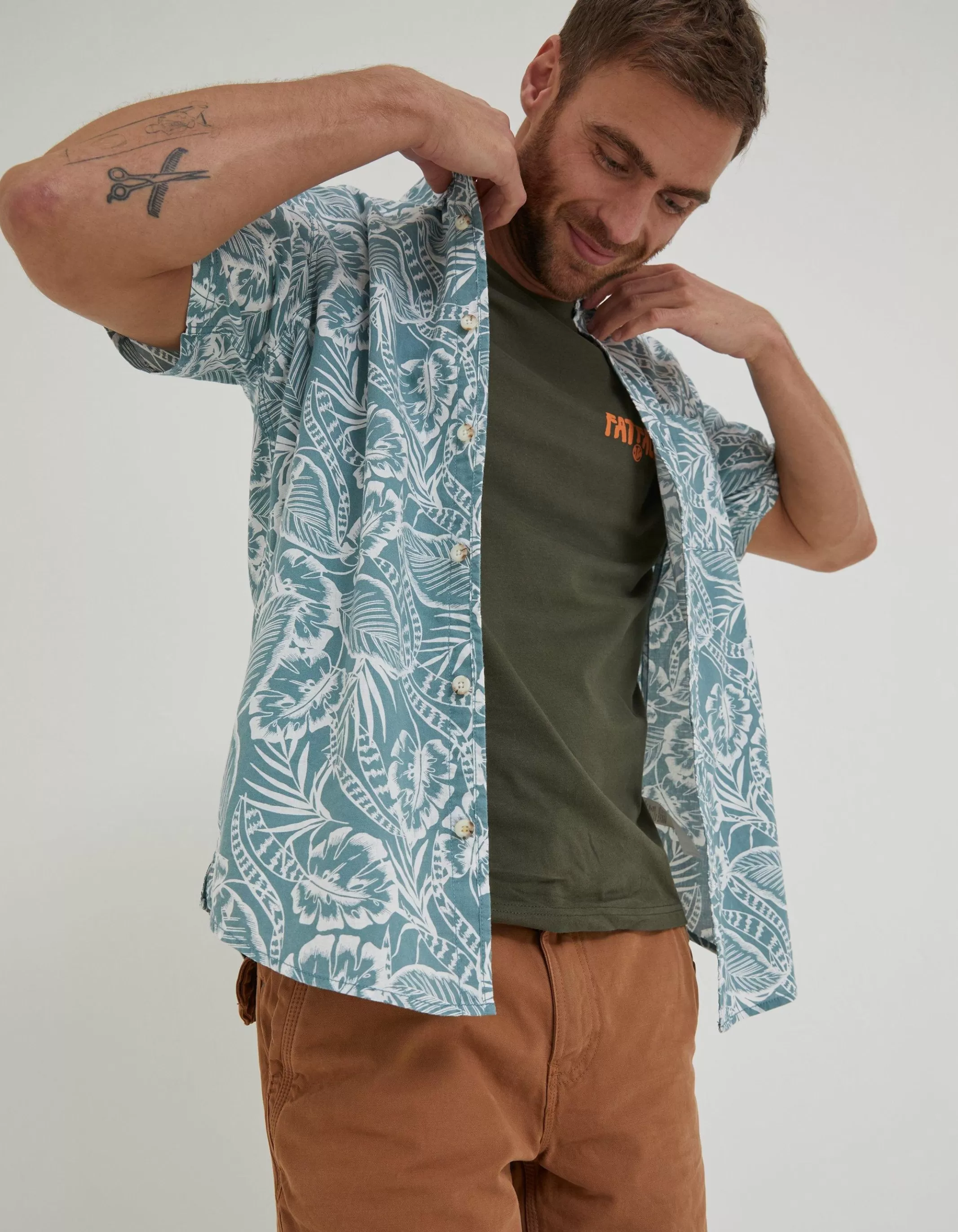 Clearance FatFace Bugle Palm Print Shirt Teal Green