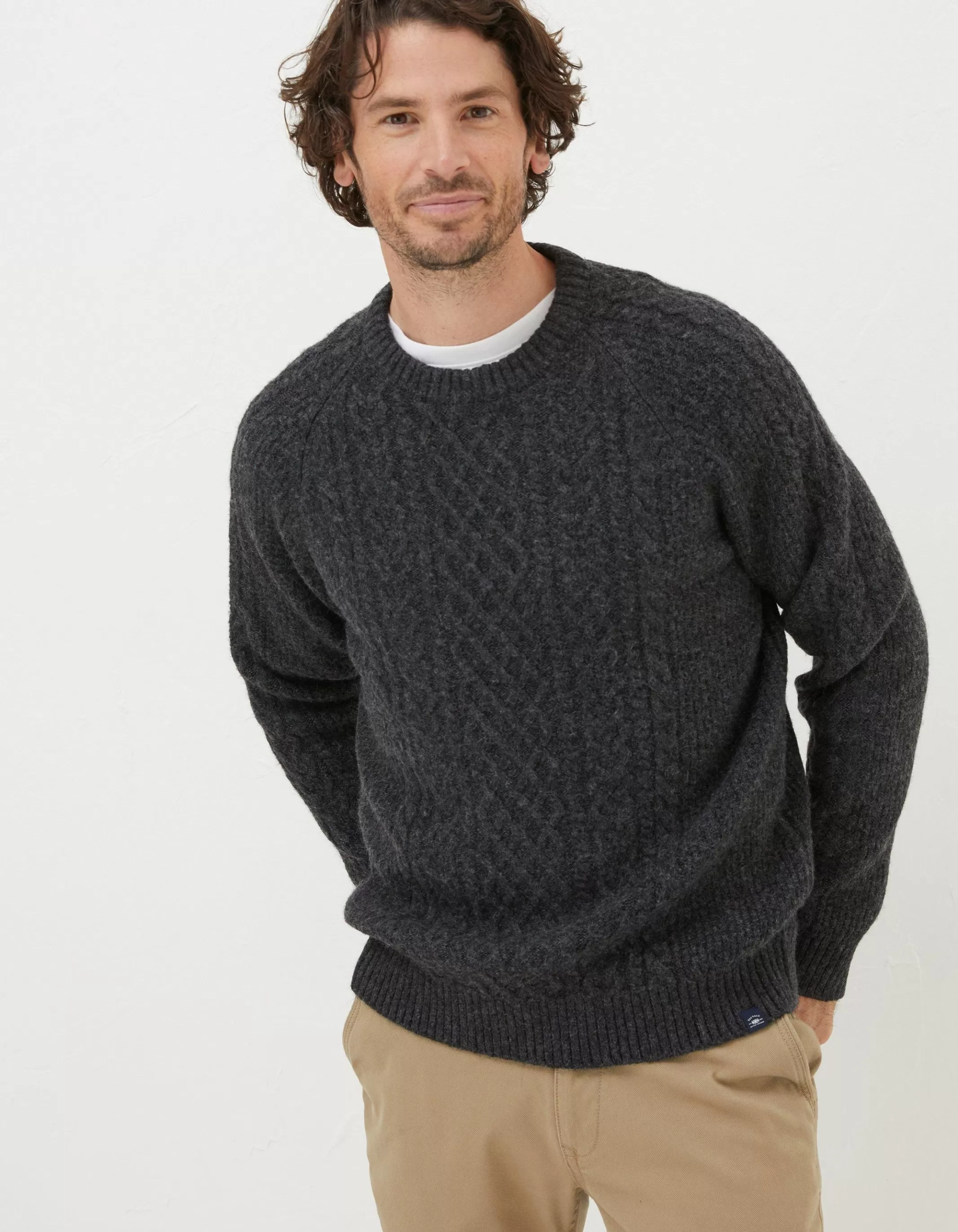 Cheap FatFace Calder Cable Crew Jumper Charcoal Grey