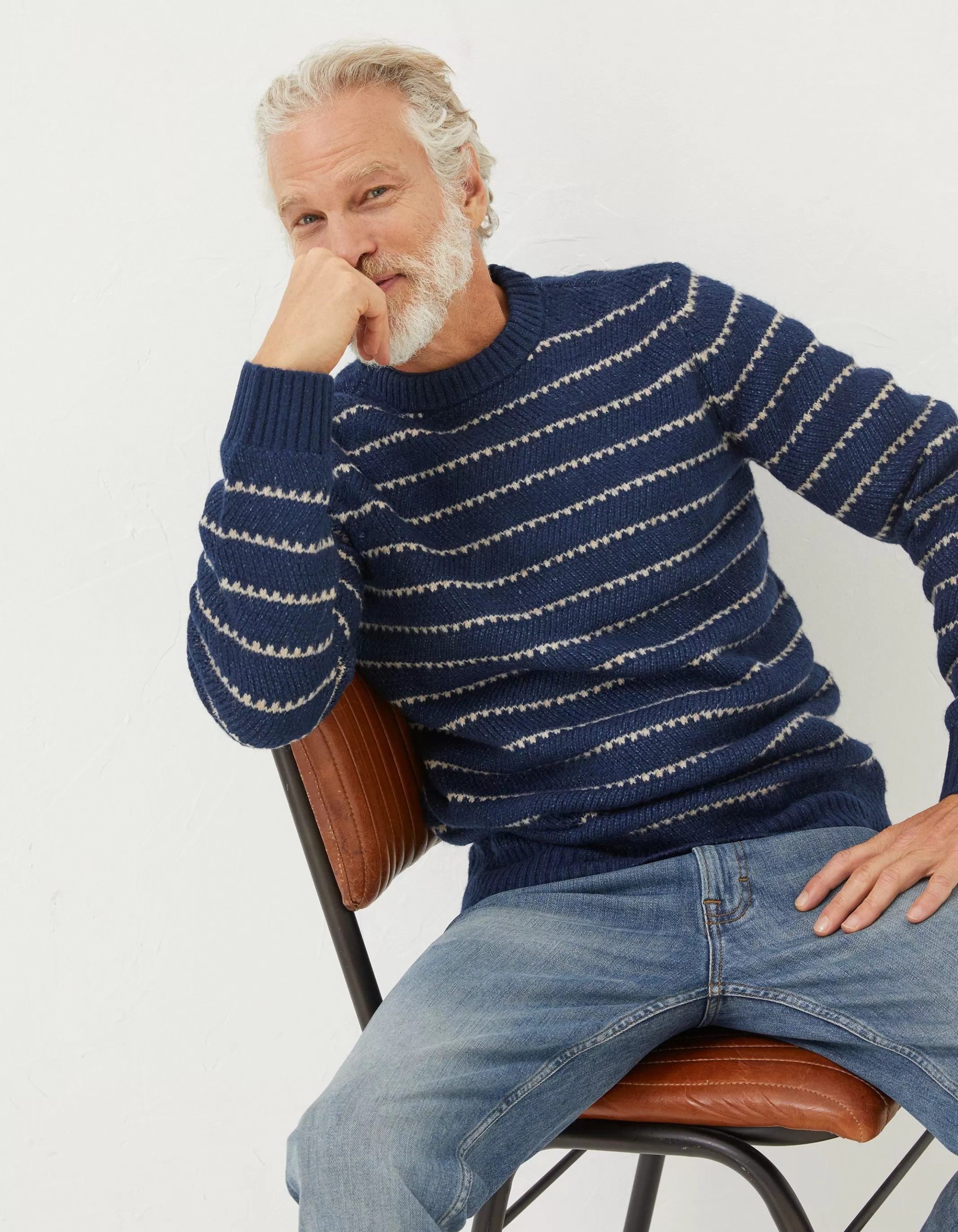 Fashion FatFace Calder Stripe Crew Jumper Navy