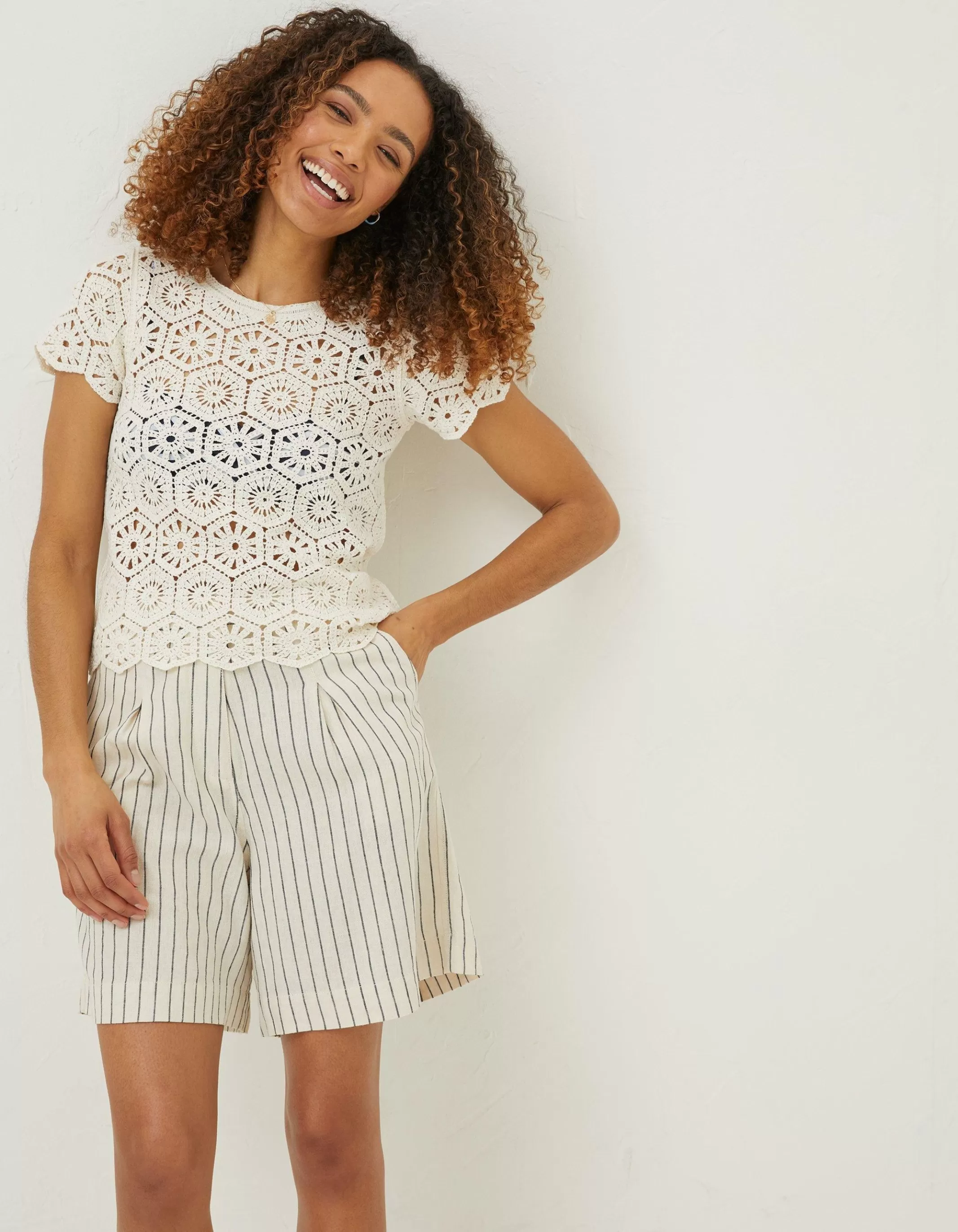 Hot FatFace Carrie Crochet Top Natural