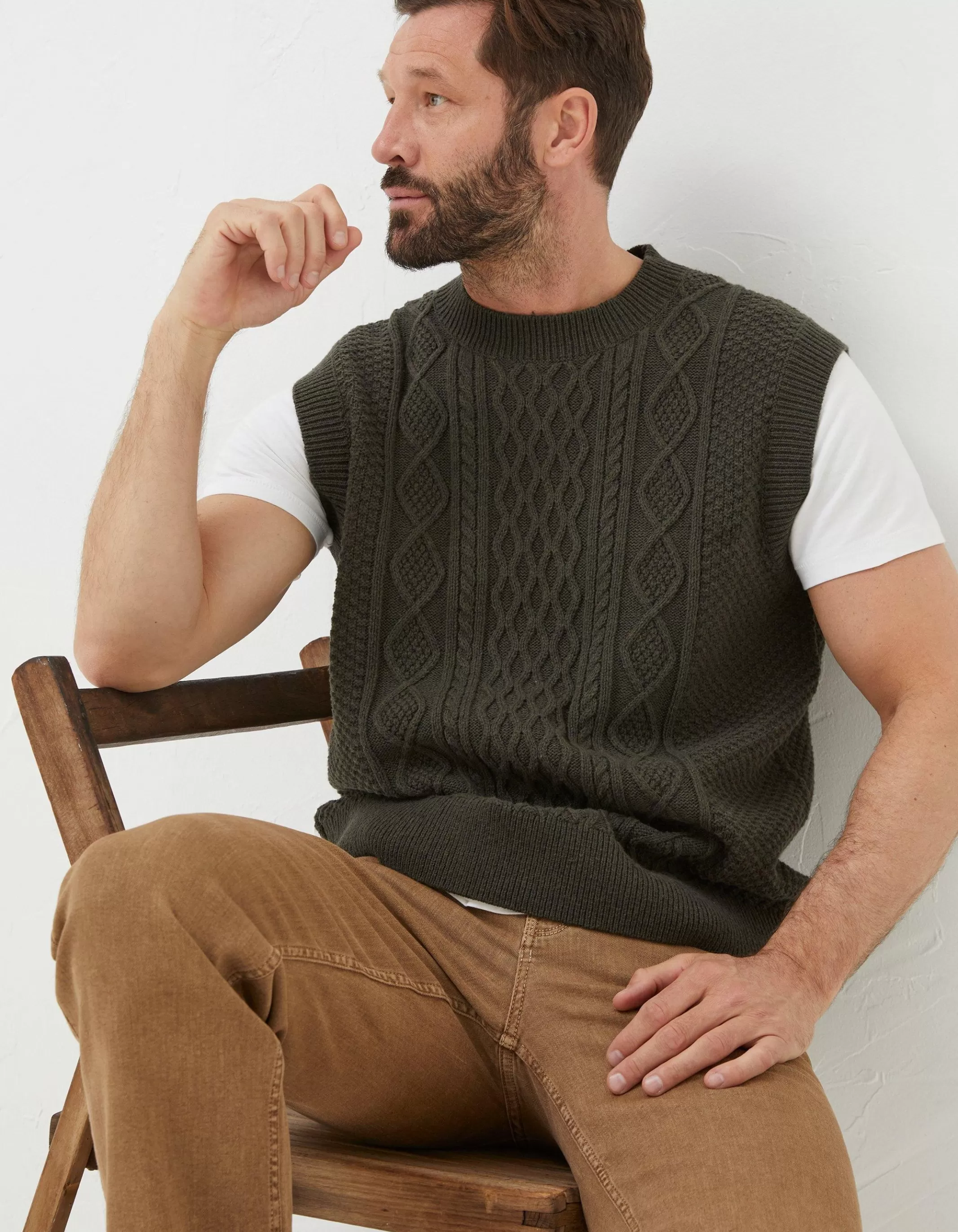 Discount FatFace Carter Cable Knitted Tank Khaki Green