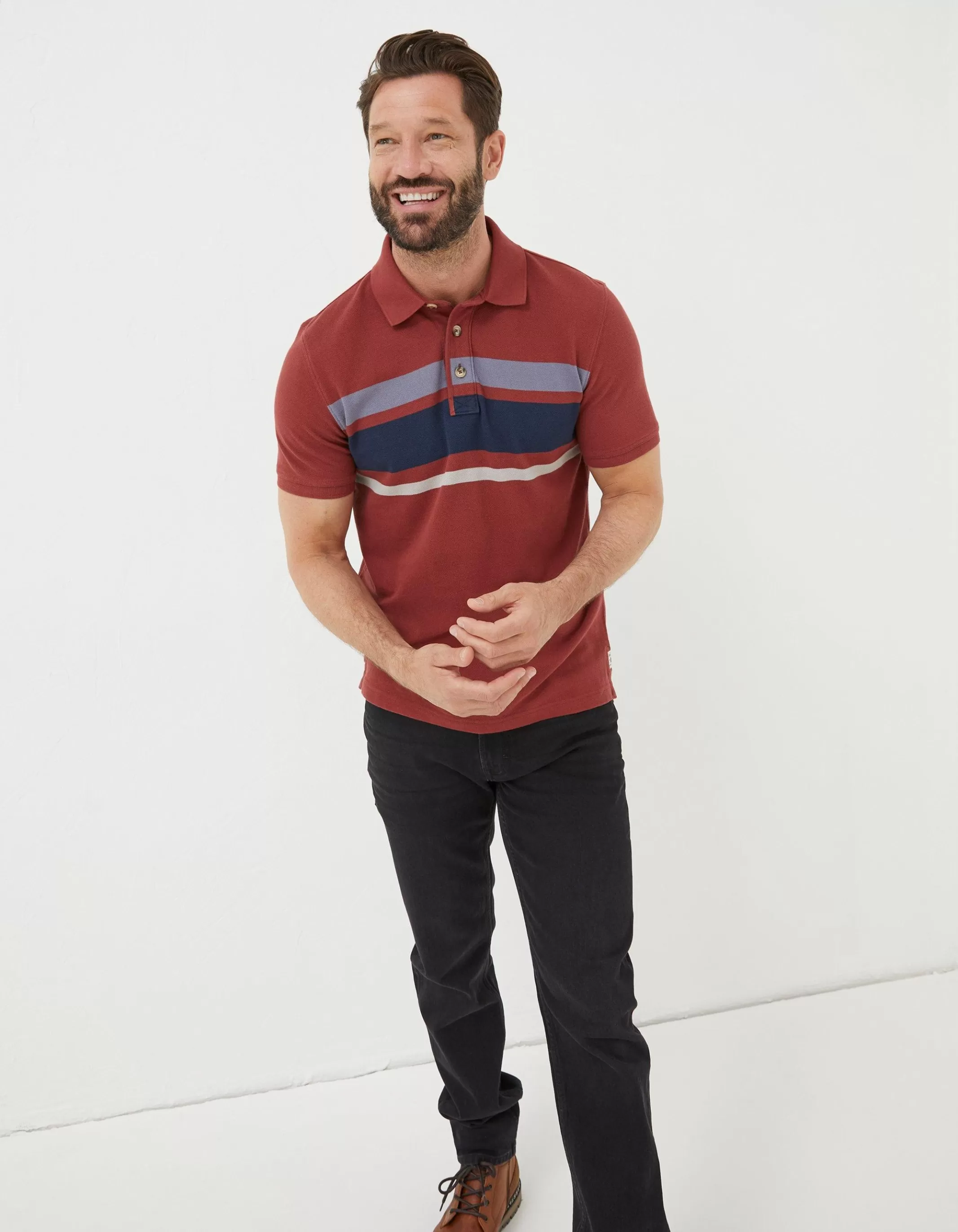 Shop FatFace Chest Stripe Pique Polo Washed Red