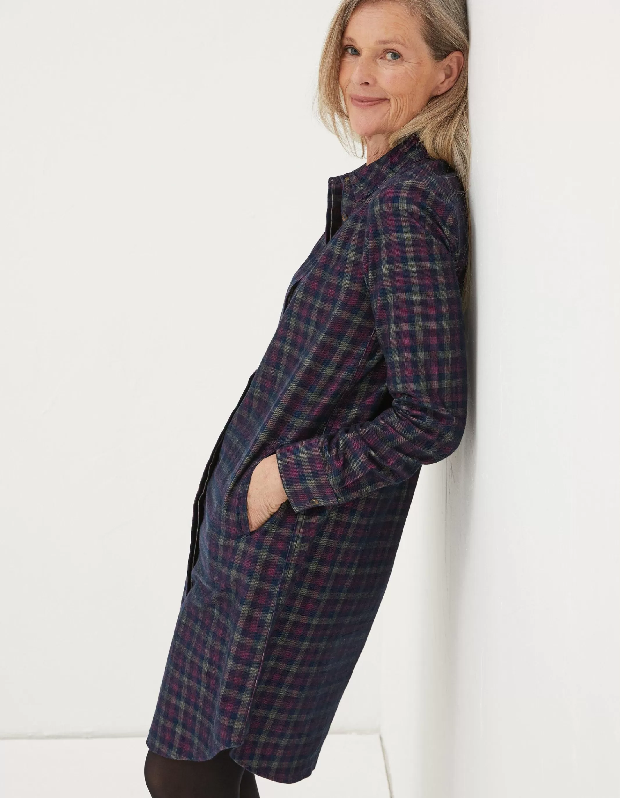 Shop FatFace Chester Cord Check Dress Dark Navy