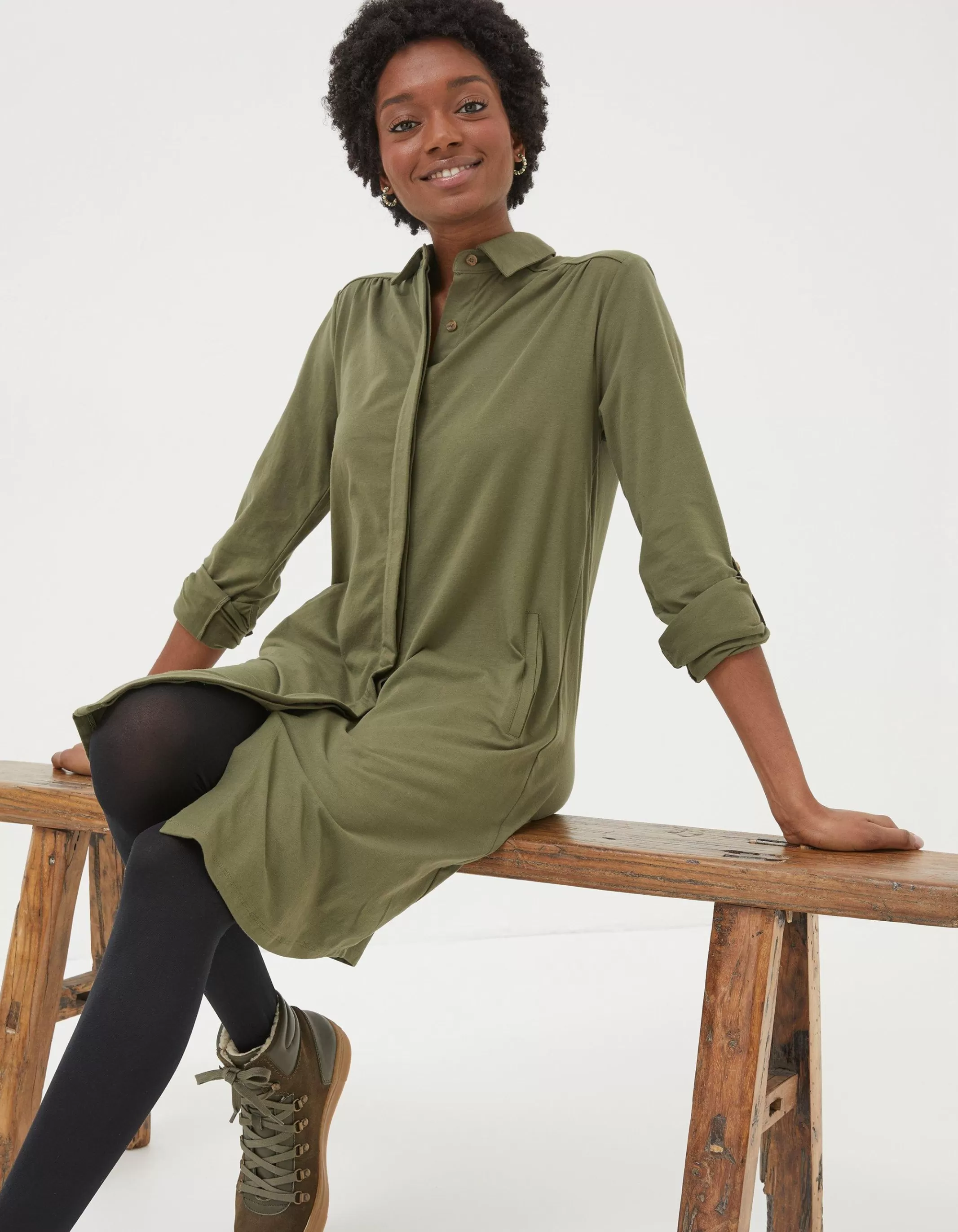 Best FatFace Chester Jersey Shirt Dress Khaki Green