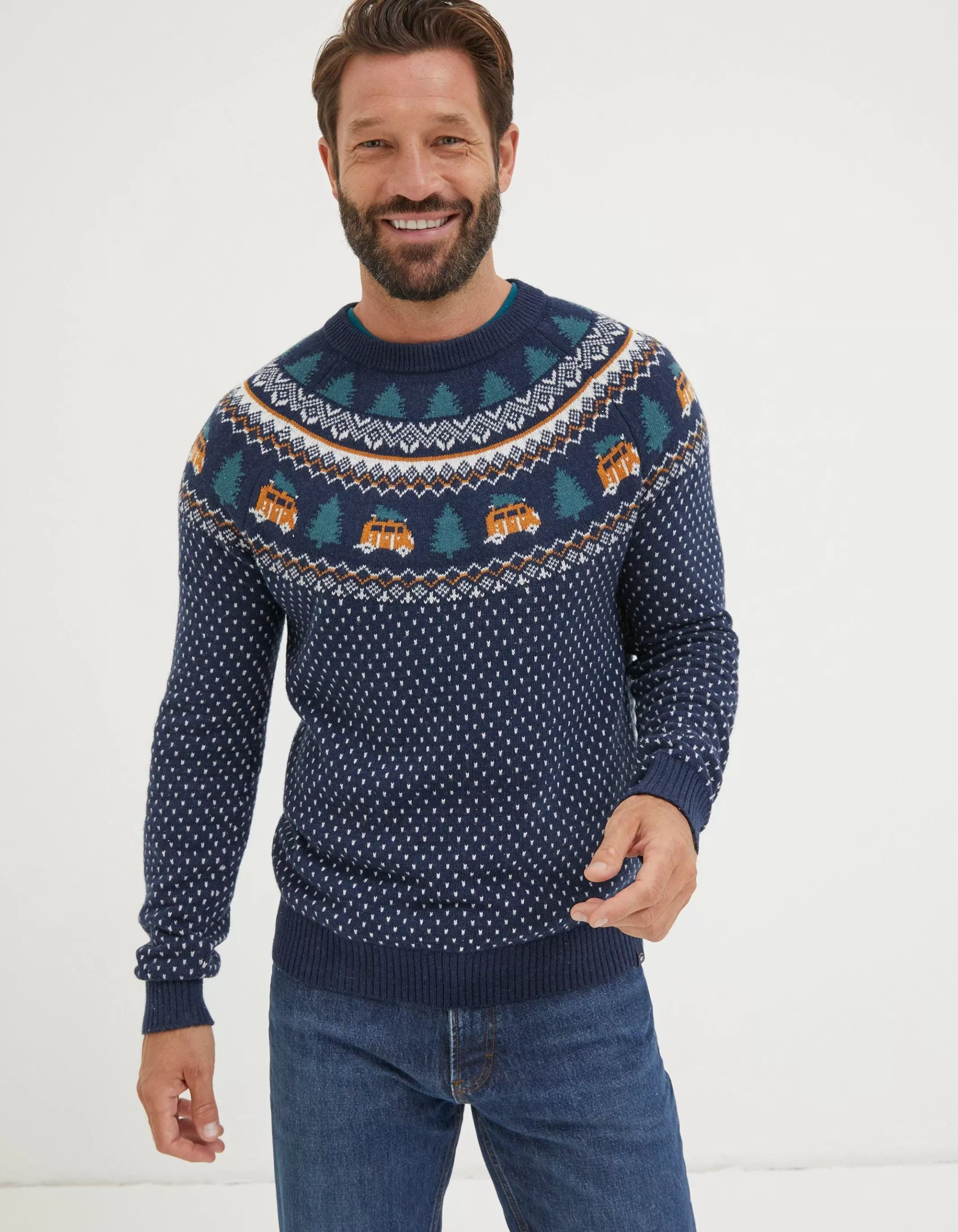 Outlet FatFace Christmas Campervan Fairisle Jumper Navy