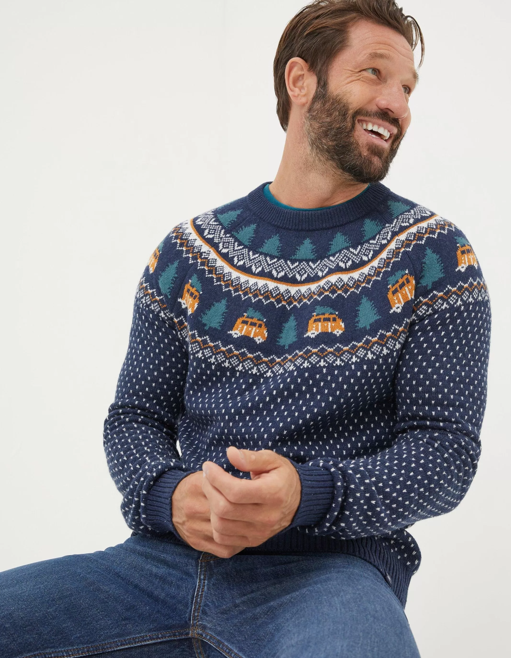 Outlet FatFace Christmas Campervan Fairisle Jumper Navy