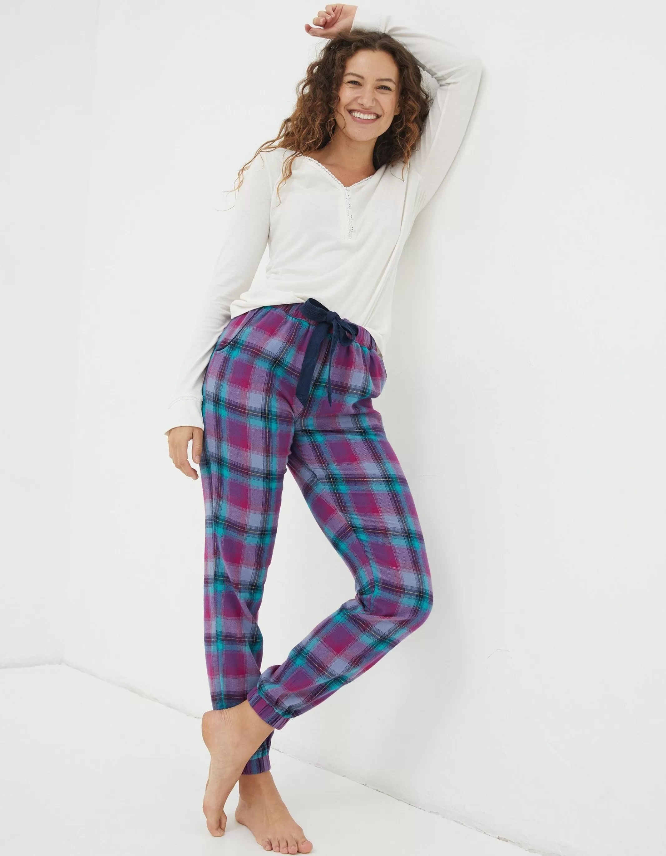 Outlet FatFace Cora Bright Check Pyjama Bottom Fuchsia Pink