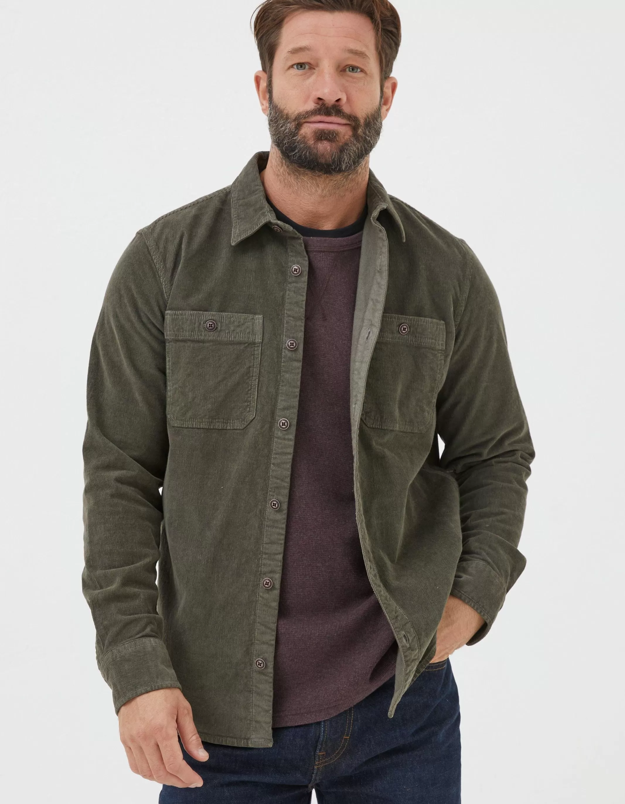 Online FatFace Cord Utility Shirt Khaki Green