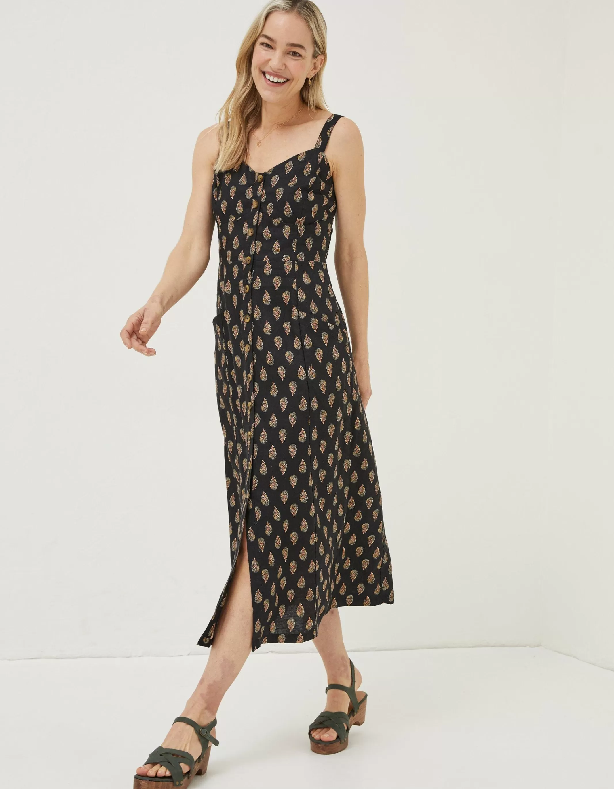 Outlet FatFace Corey Woodblock Linen Dress Black