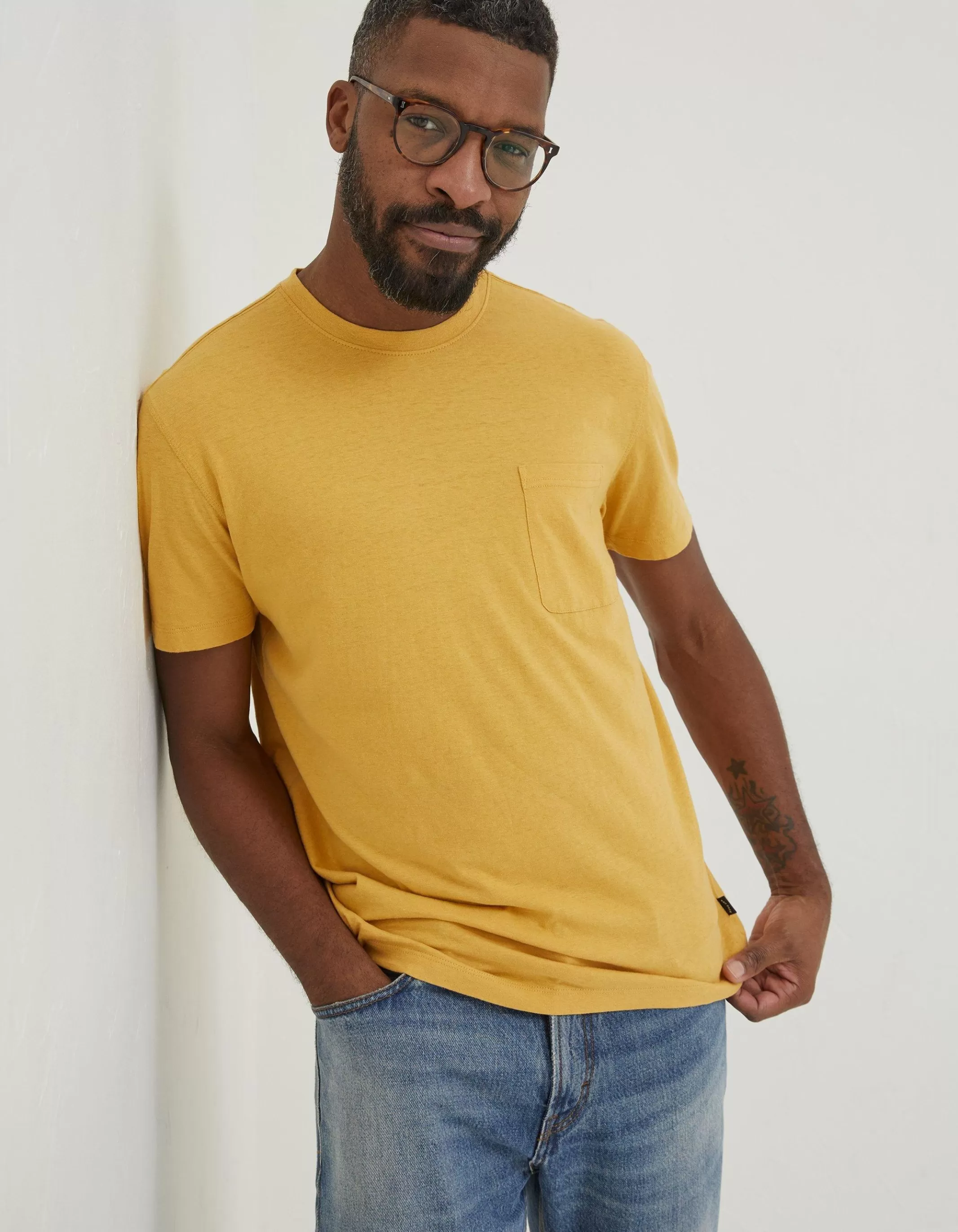 Cheap FatFace Cotton Linen Pocket T-Shirt Yellow