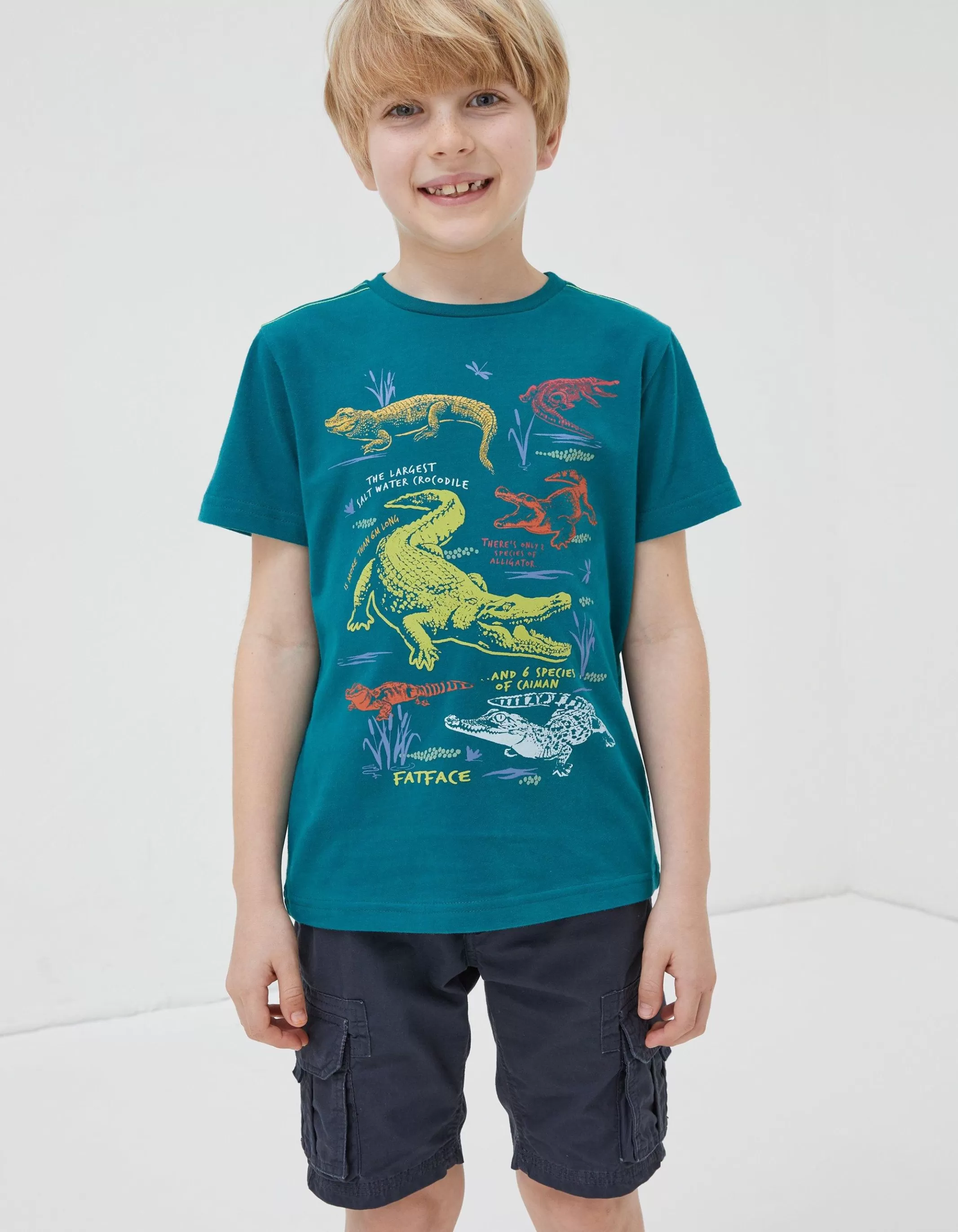 Cheap FatFace Crocodile Info Jersey T Shirt Teal Green