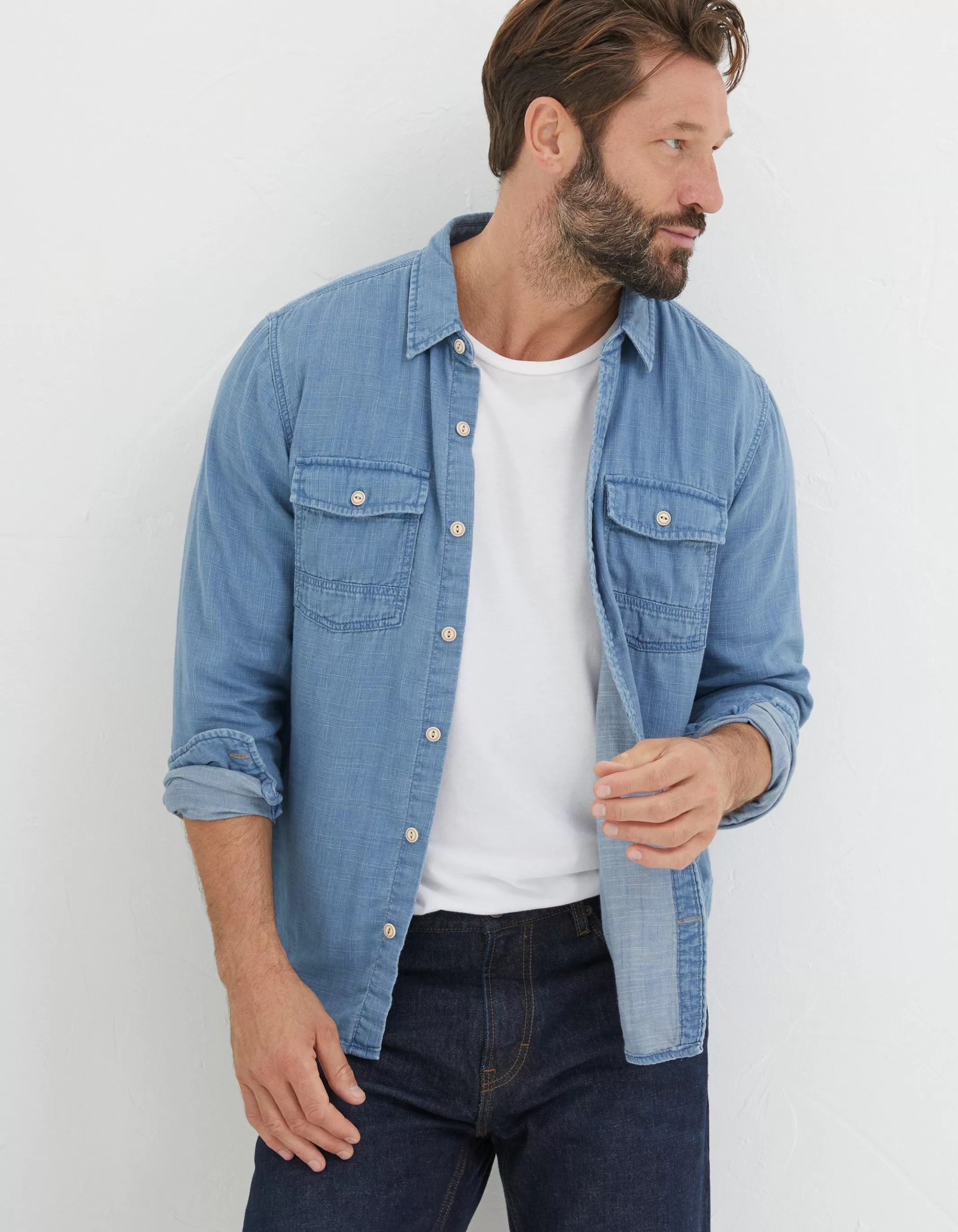 Cheap FatFace Drayton Indigo Shirt Light Denim Blue