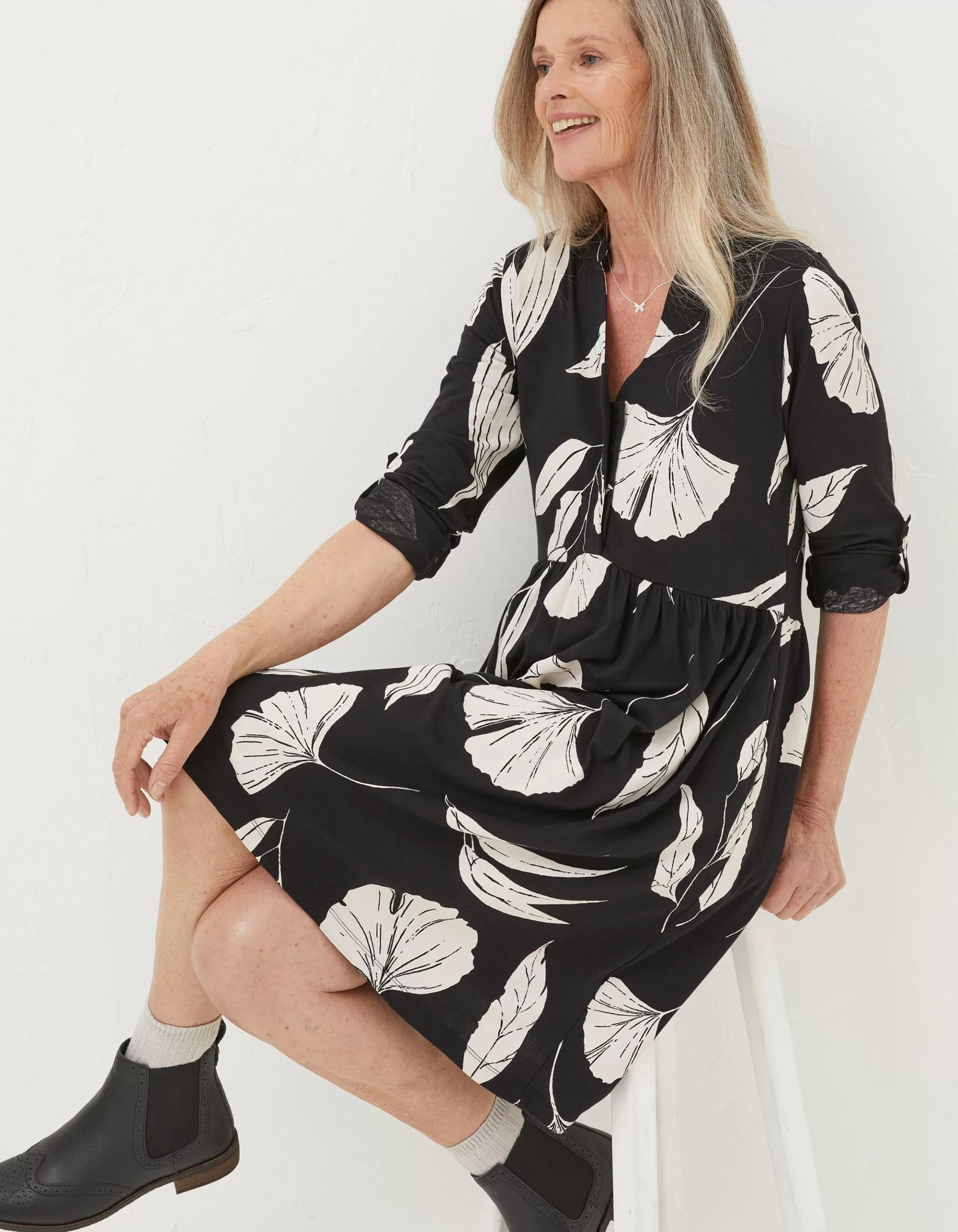 Clearance FatFace Elsie Twilight Leaves Dress Black