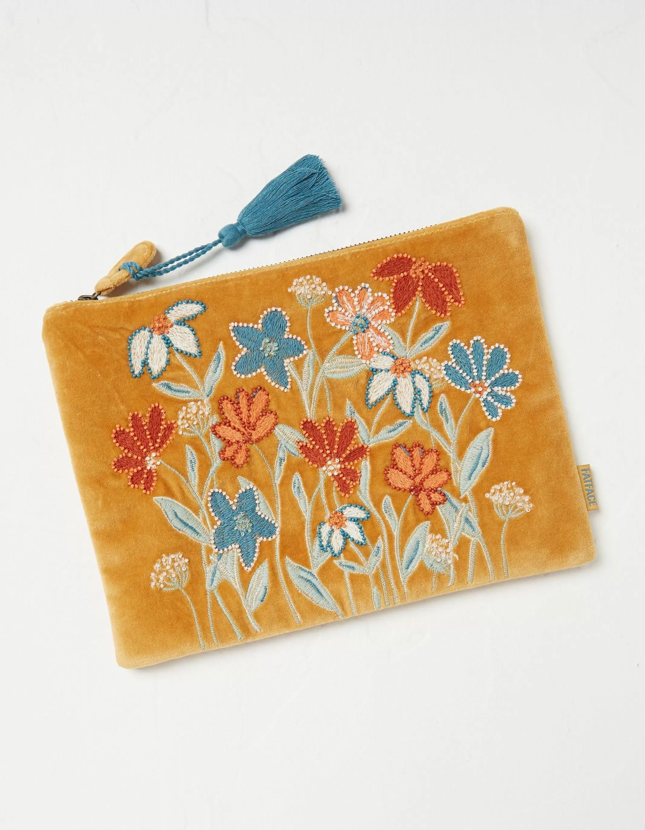 Sale FatFace Embroidered Floral Pouch Mustard Yellow