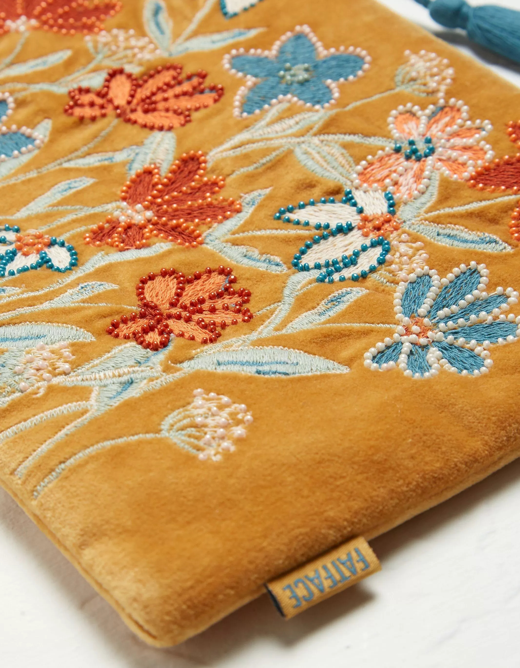 Sale FatFace Embroidered Floral Pouch Mustard Yellow